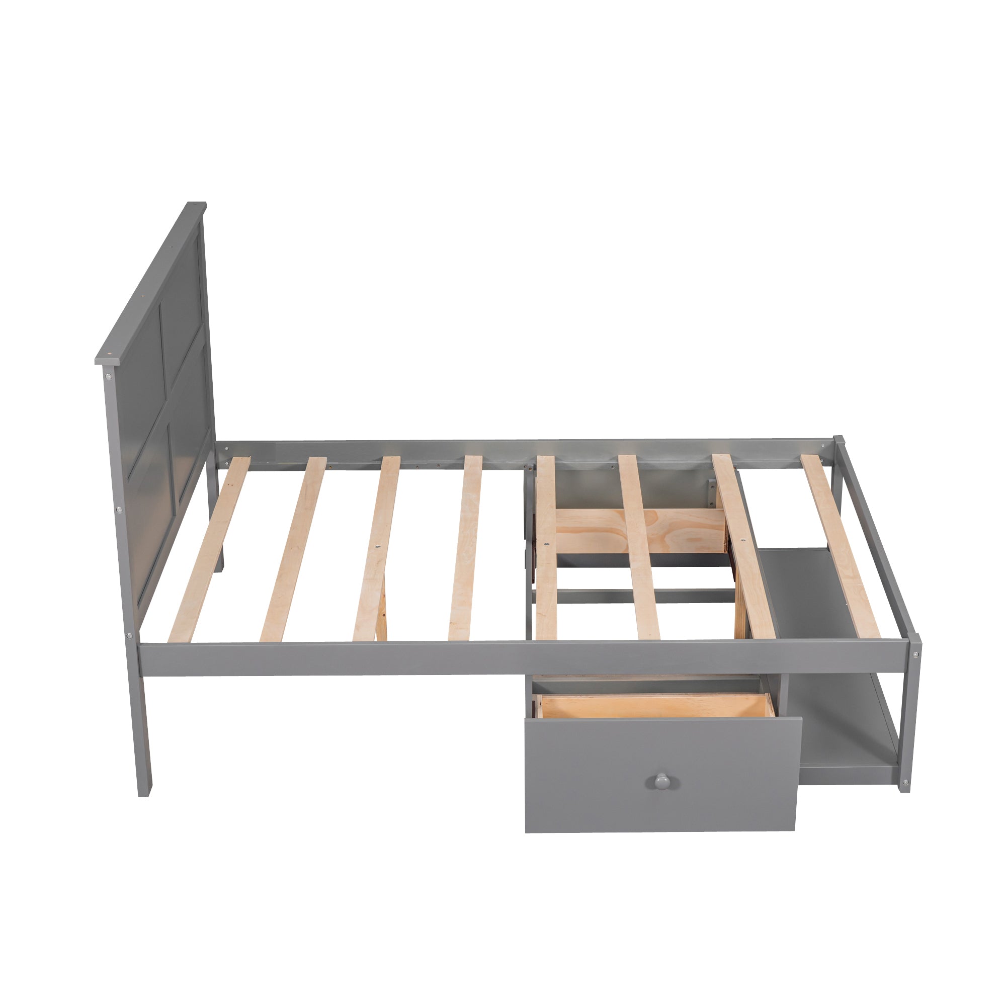 Full Size Platform Bed with Drawer on the Each Side and Shelf on the End of the Bed, Gray