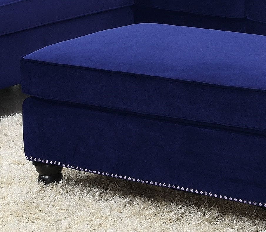 Living Room XL- Cocktail Ottoman Indigo Blue Velvet Accent Studding Trim Wooden Legs