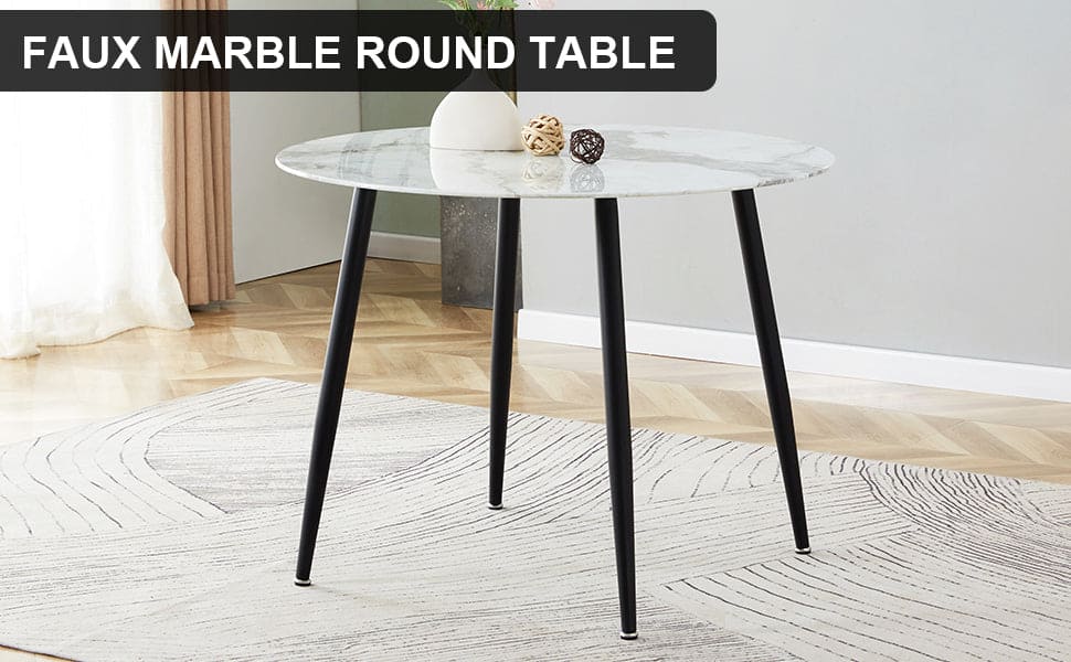 A modern minimalist circular dining table with a diameter of 40 inches, a 0.3 inch thick white imitation marble pattern tabletop and black metal legs  40 '* 40' * 30 'DT-1164