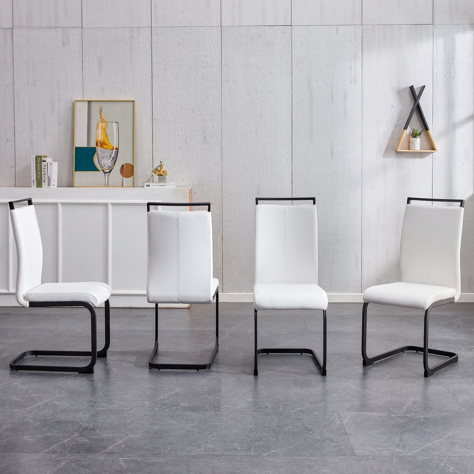 Table and chair set. A white imitation marble desktop with MDF legs and gold metal decorative strips. Paired with 4 dining chairs with white backrest and black metal legs.F-HH C-1162