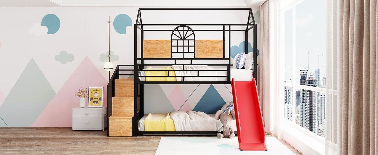 Twin Over Twin Metal Bunk Bed, Metal Housebed with Slide and Storage Stair, Black with Red Slide