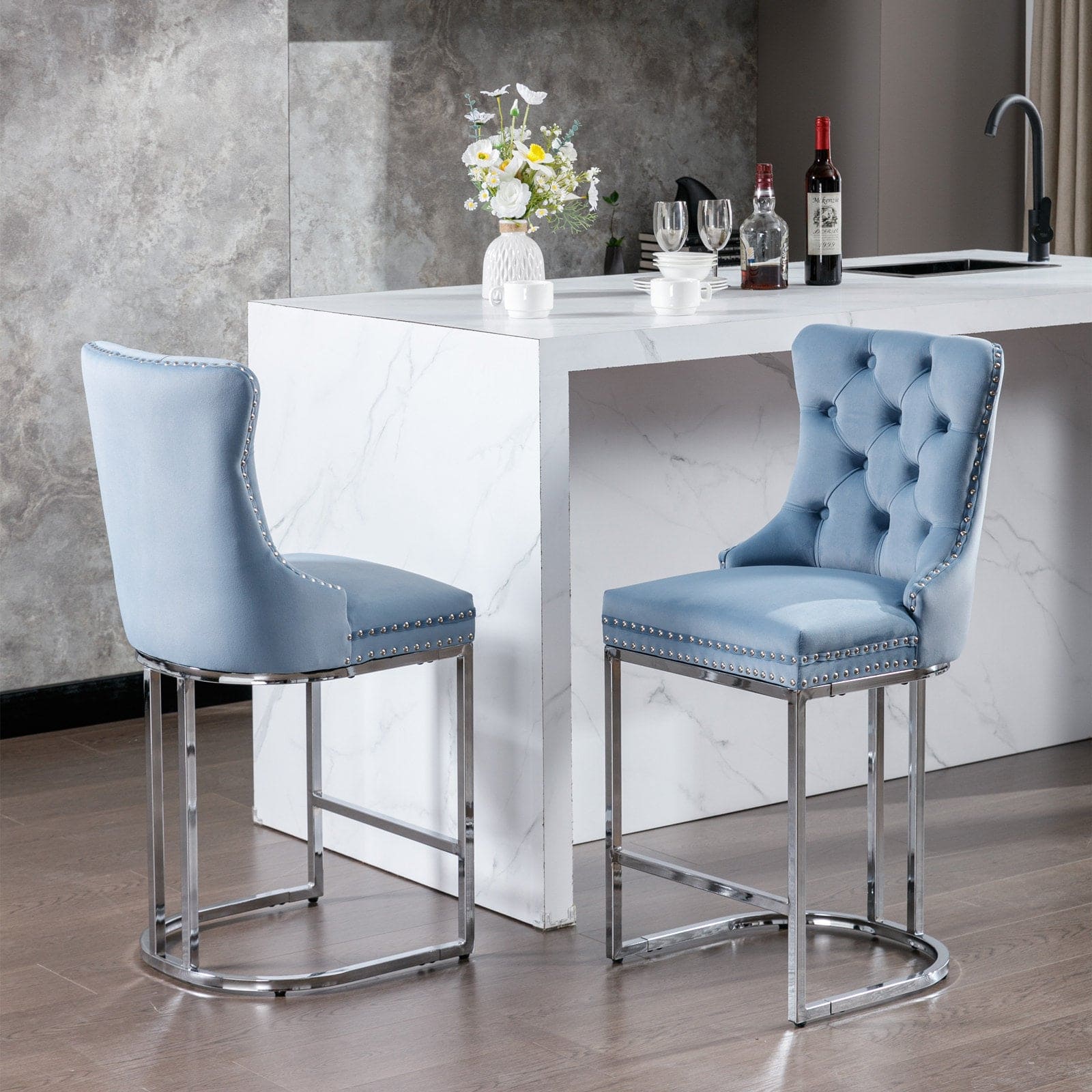 26" Counter Height Bar Stools Set of 2, Modern Velvet Barstools with Button Back&Rivet Trim Upholstered Kitchen Island Chairs with Sturdy Chromed Metal Base Legs Farmhouse Bar Stools,Light Blue,2 Pack