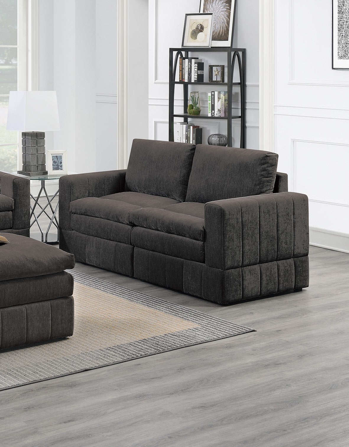 Contemporary 6pc Set Modular Sectional Set 4x One Arm Chair / Wedge 1x Armless Chairs 1x Ottoman Mink Morgan Fabric Plush Living Room Furniture