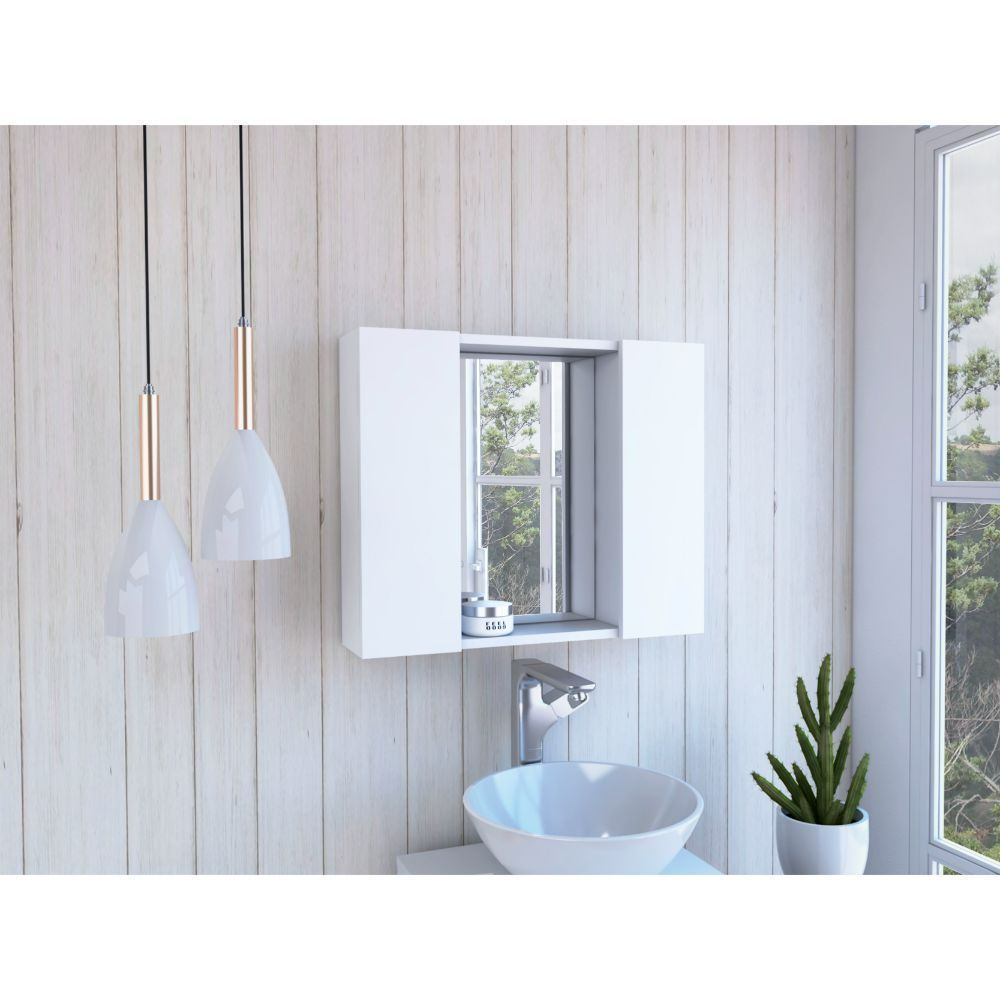 Medicine Cabinet Hops, Double Door, Mirror, One External Shelf, White Finish