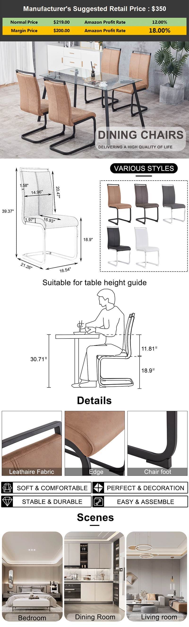 Dining Chairs,tech cloth High Back Upholstered Side Chair with C-shaped Tube Black Metal Legs for Dining Room Kitchen Vanity Patio Club Guest Office chair (Set of 2) Brown1162