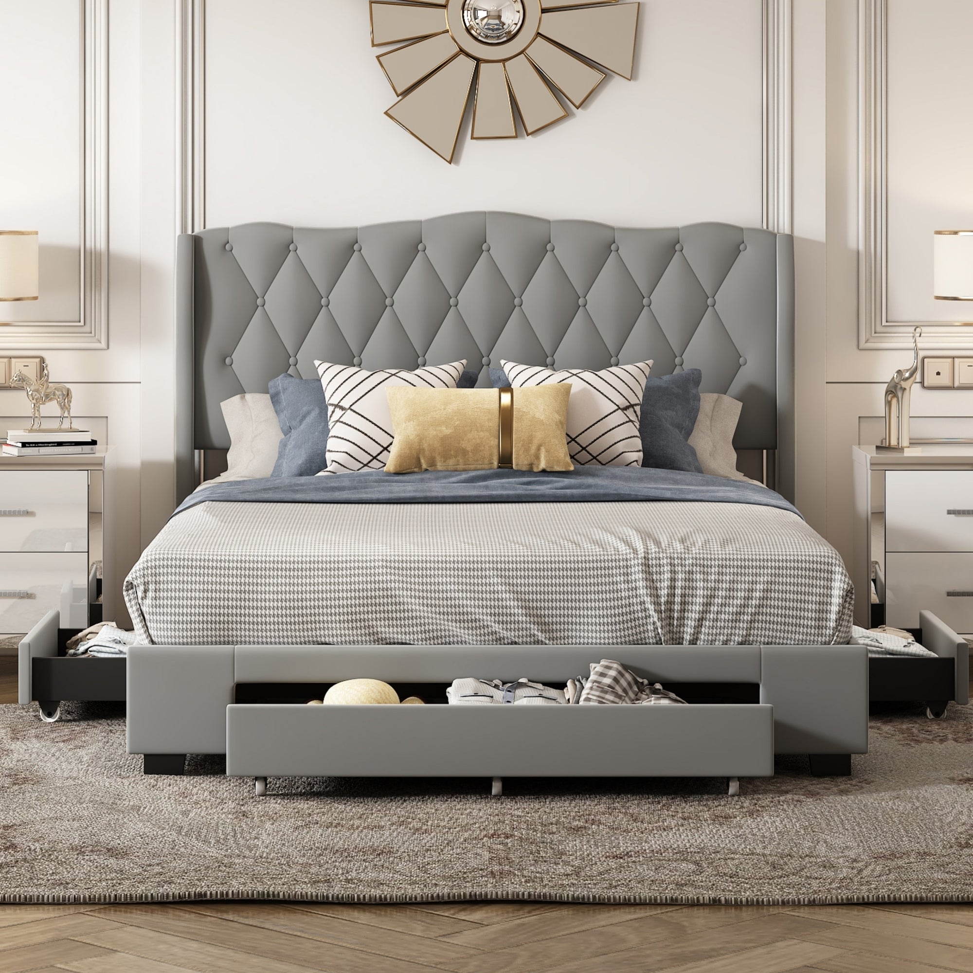 Upholstered Platform Bed with Tufted Headboard and 3 Drawers, No Box Spring Needed, Velvet Fabric, Queen Size Gray