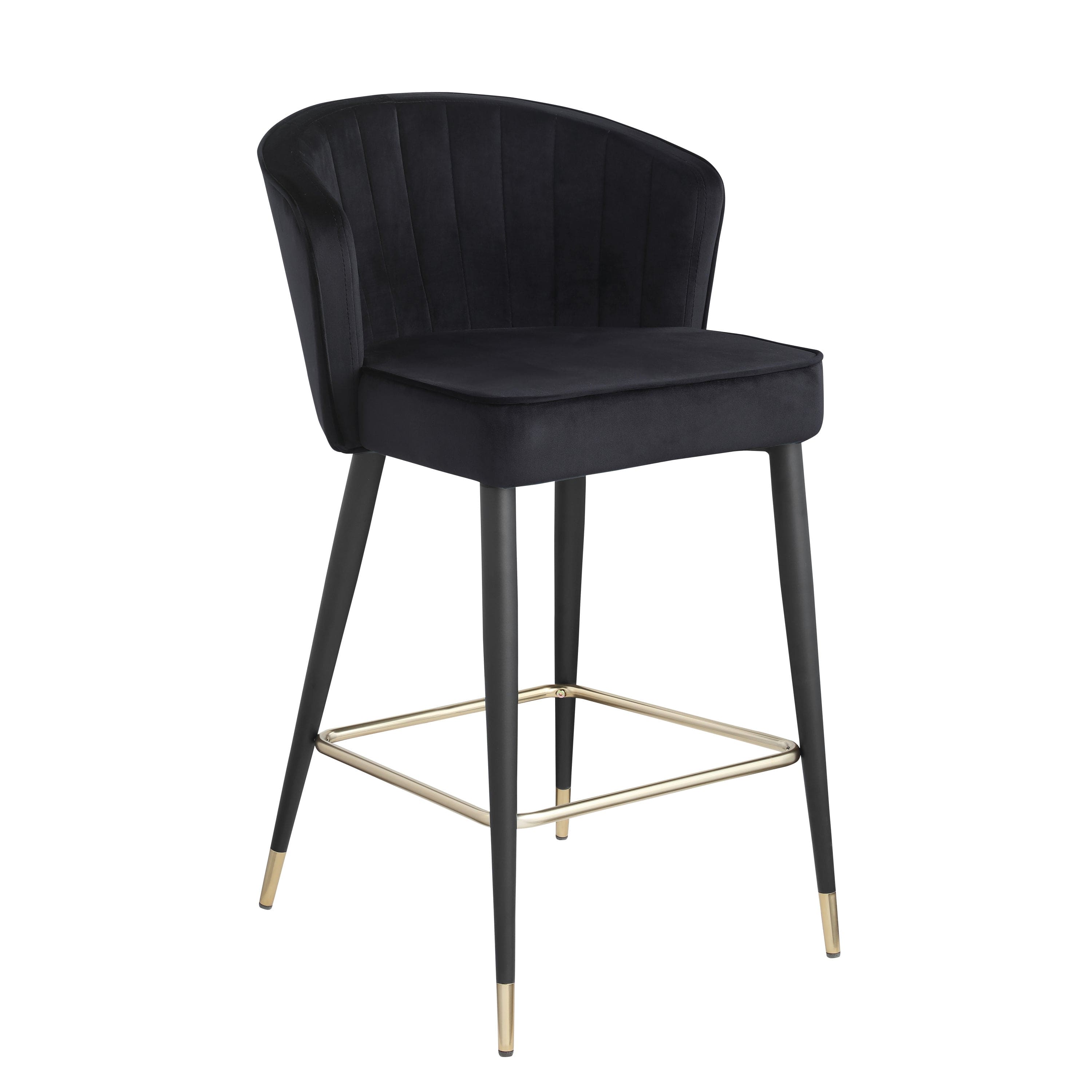 Contemporary Velvet Upholstered Counter Height Stool with Deep Channel Tufting and Gold Tipped, Black Metal Legs, 20" W x 21" D x 36.5" H, Black