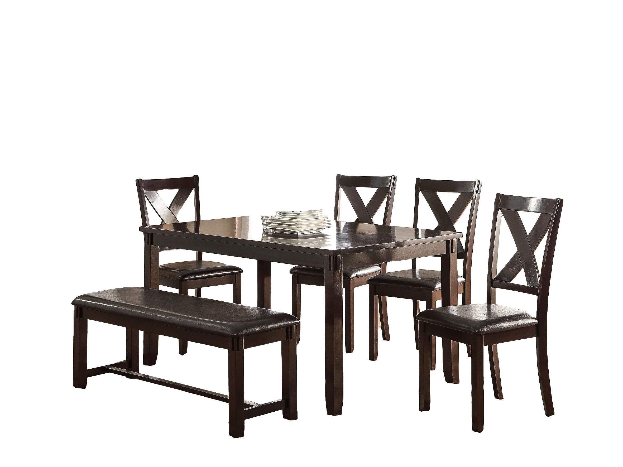 Dining Room Furniture Casual Modern 6pc Set Dining Table 4x Side Chairs and A Bench Rubberwood and Birch veneers Espresso Finish