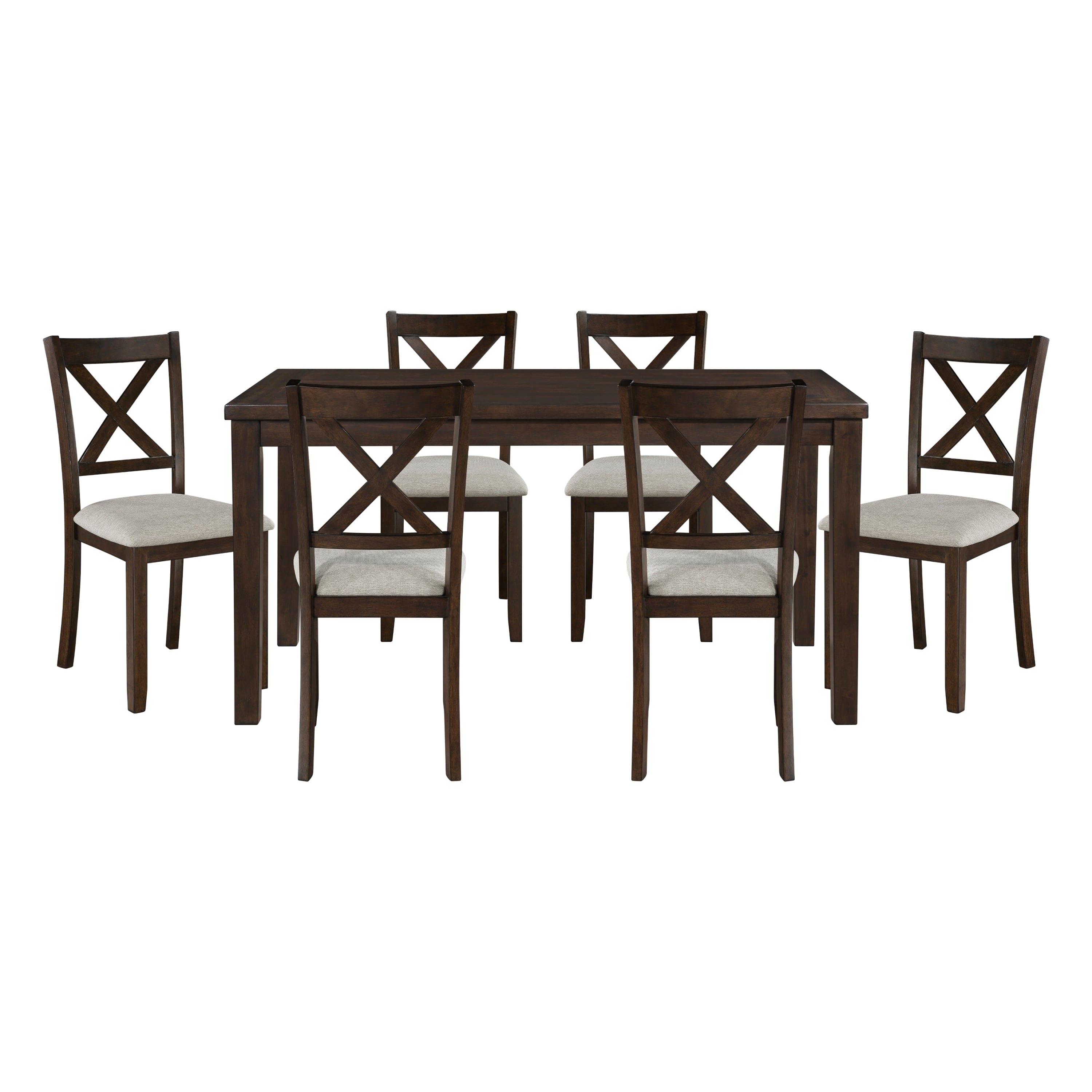 Dark Chery Finish Wooden Dining Set 7pc Dining Table and Beige Side Chairs Transitional Kitchen Breakfast Furniture Set