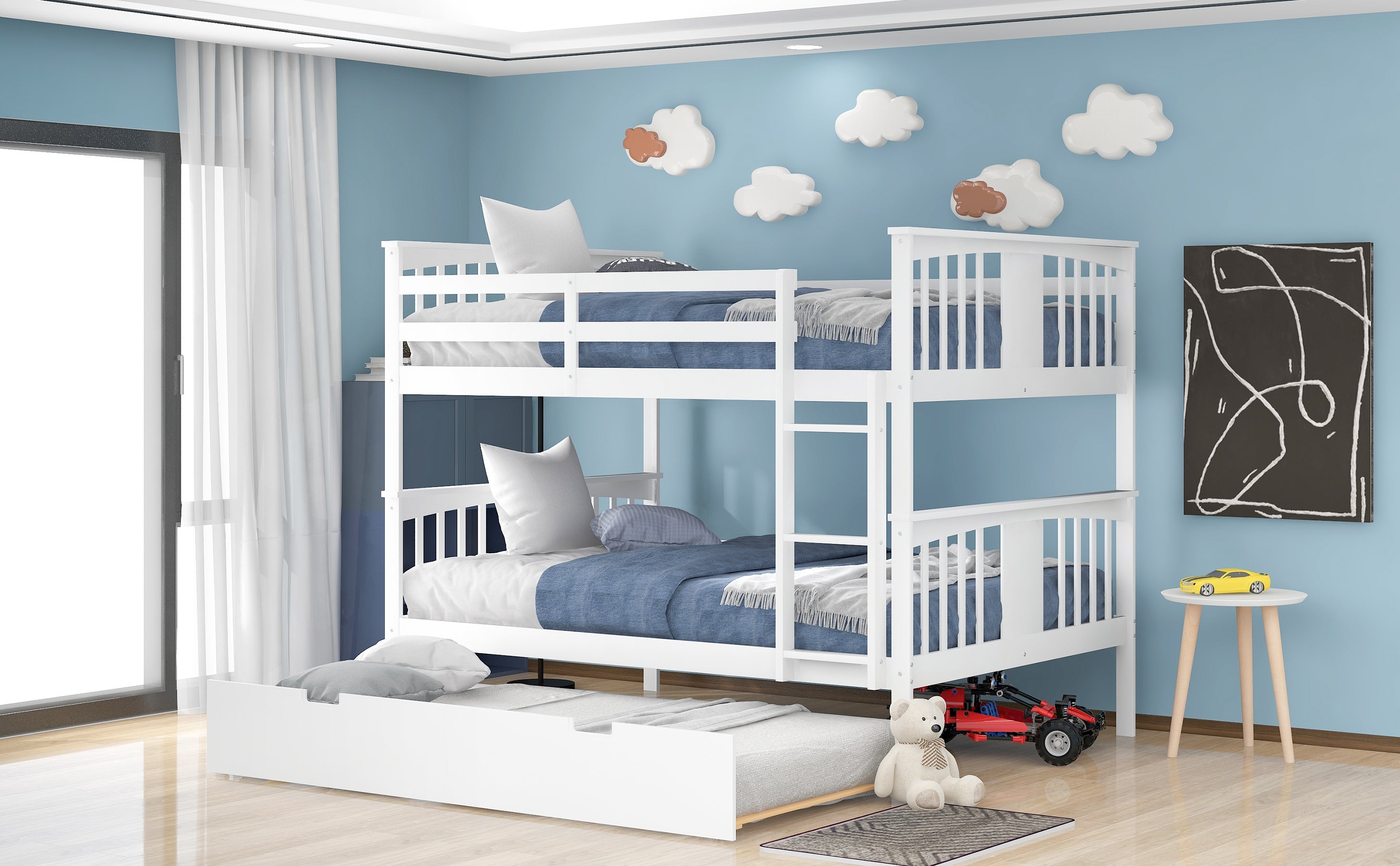 Full over Full Bunk Bed with Twin Size Trundle and Ladder-White(Old SKU: LP000204AAK)