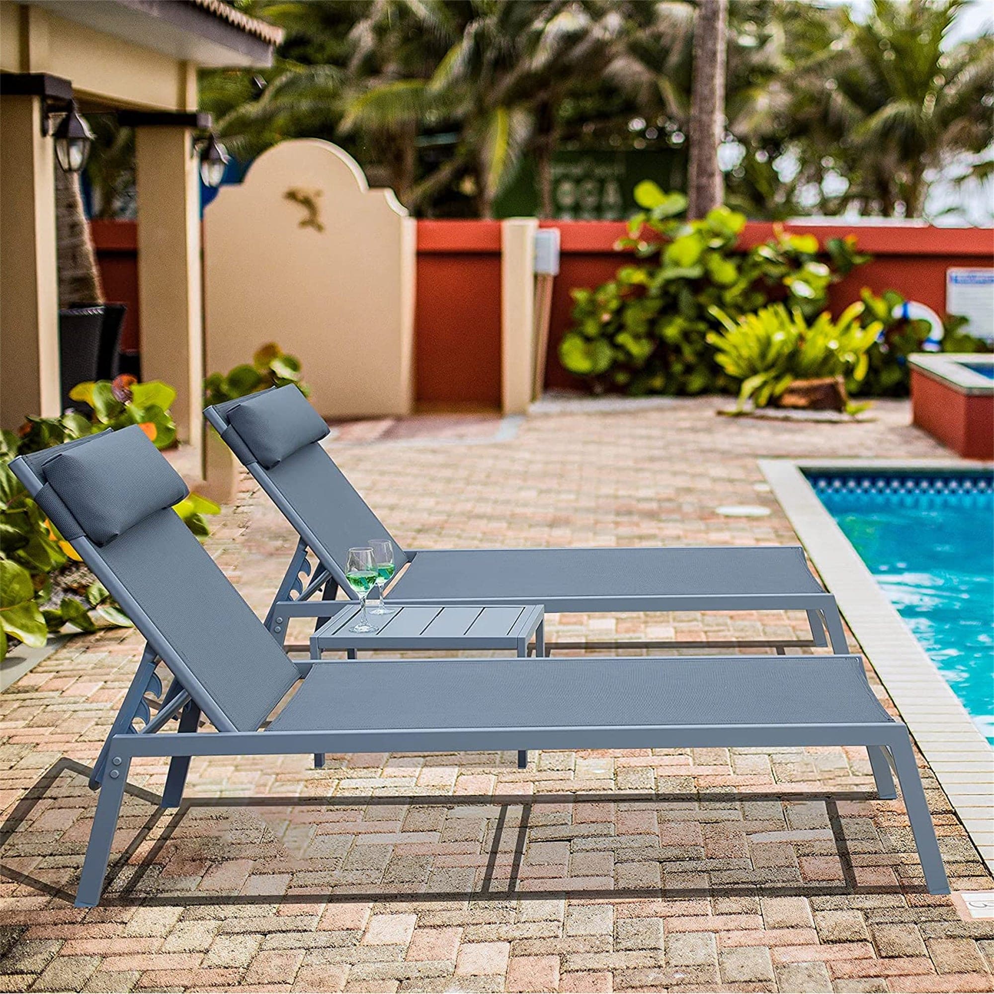 Patio Chaise Lounge Set, 3 Pieces Adjustable Backrest Pool Lounge Chairs Steel Textilene Sunbathing Recliner with Headrest (Grey,2 Lounge Chair+1 Table)