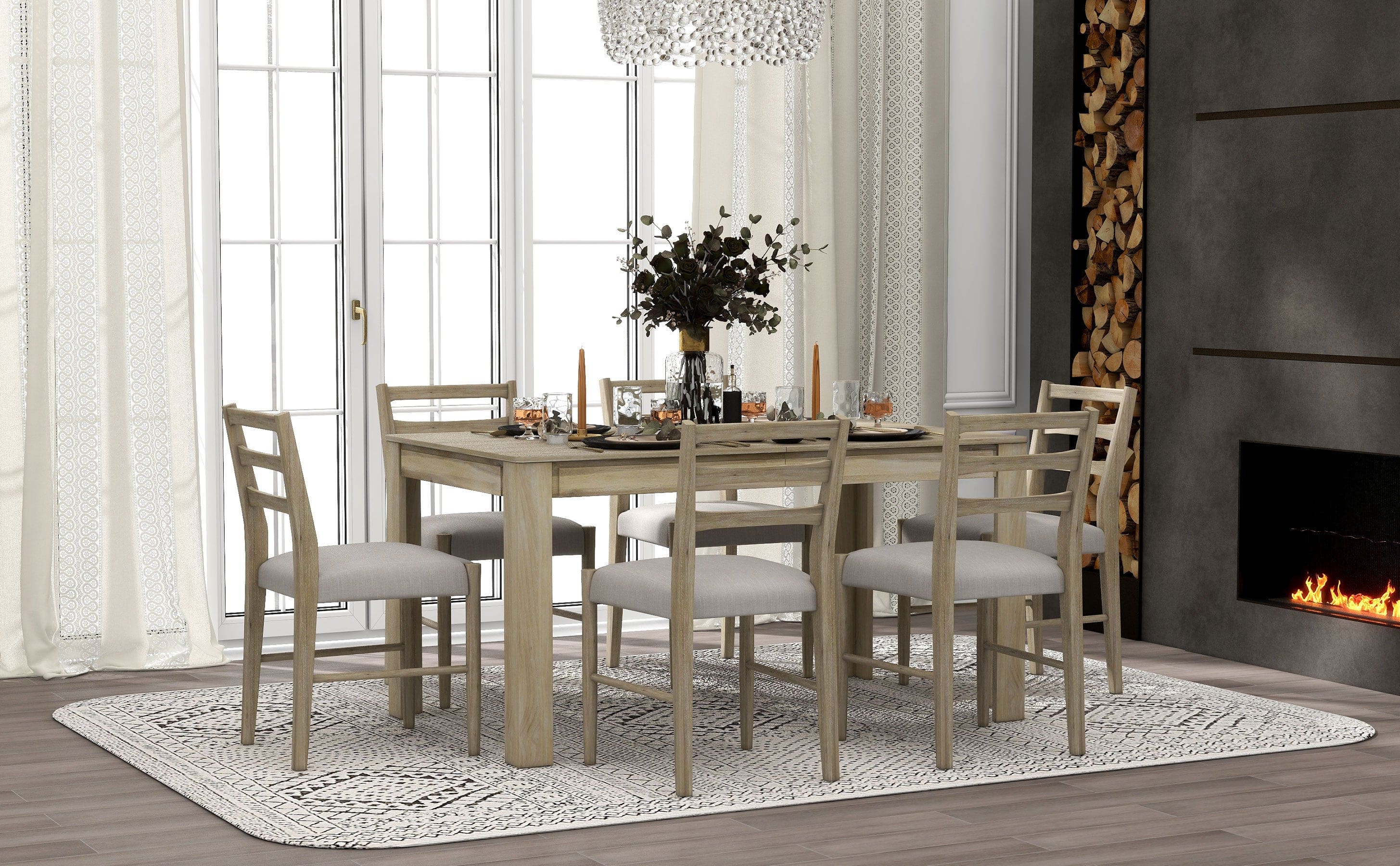 TREXM 7-Piece Wooden Dining Table Set Mutifunctional Extendable Table with 12" Leaf and 2 Drawers, 6 Dining Chairs with Soft Cushion (Natural Wood Wash)