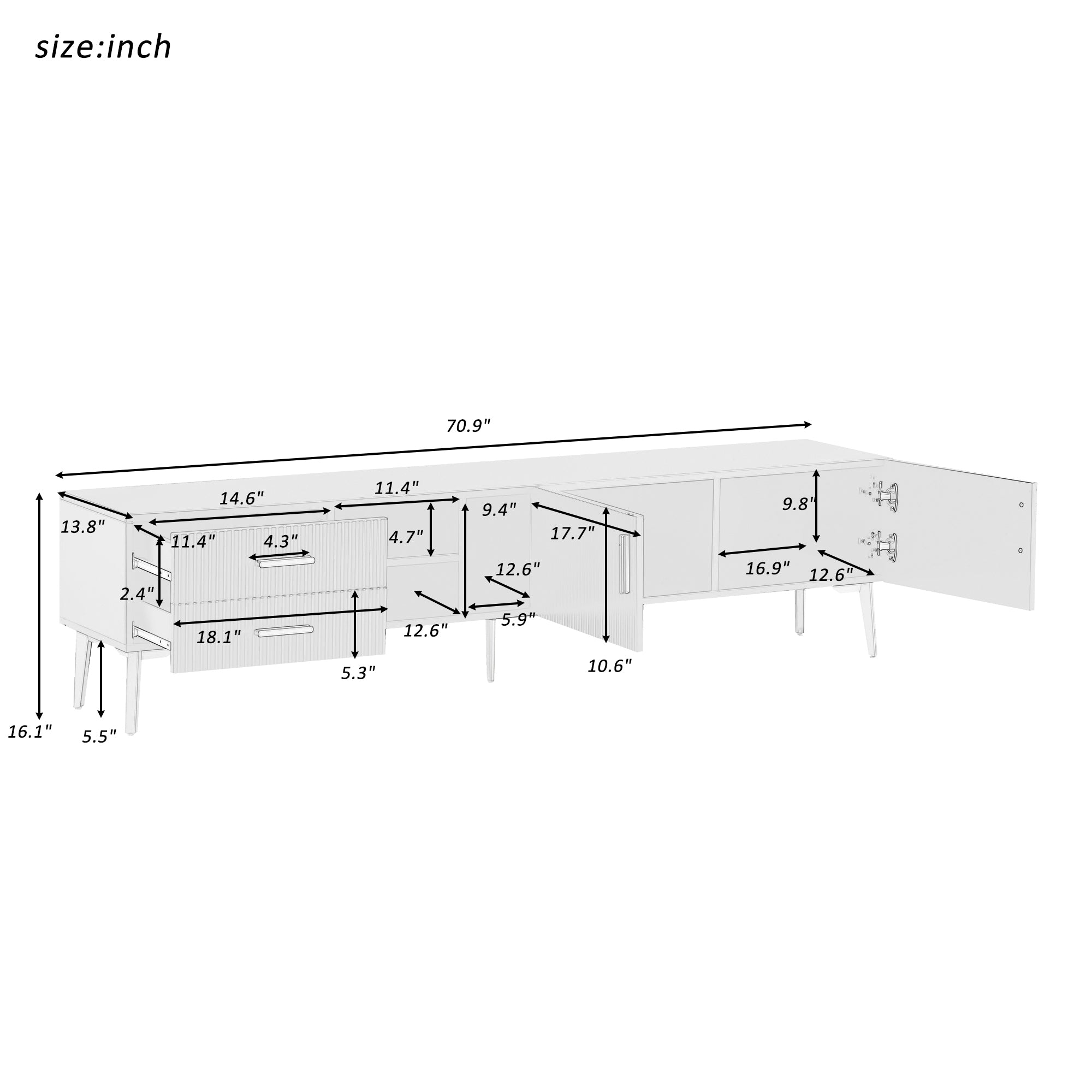 U-Can Modern TV Stand with 5 Champagne legs - Durable, stylish, spacious, versatile storage TVS up to 77" (Black)