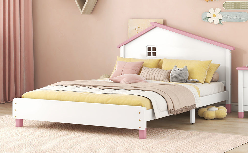 Full Size Wood Platform Bed with House-shaped Headboard  (White+Pink)