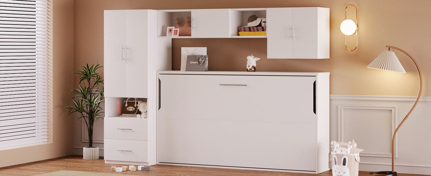 Twin Size Murphy Bed with Open Shelves and Storage Drawers,Built-in Wardrobe and Table, White