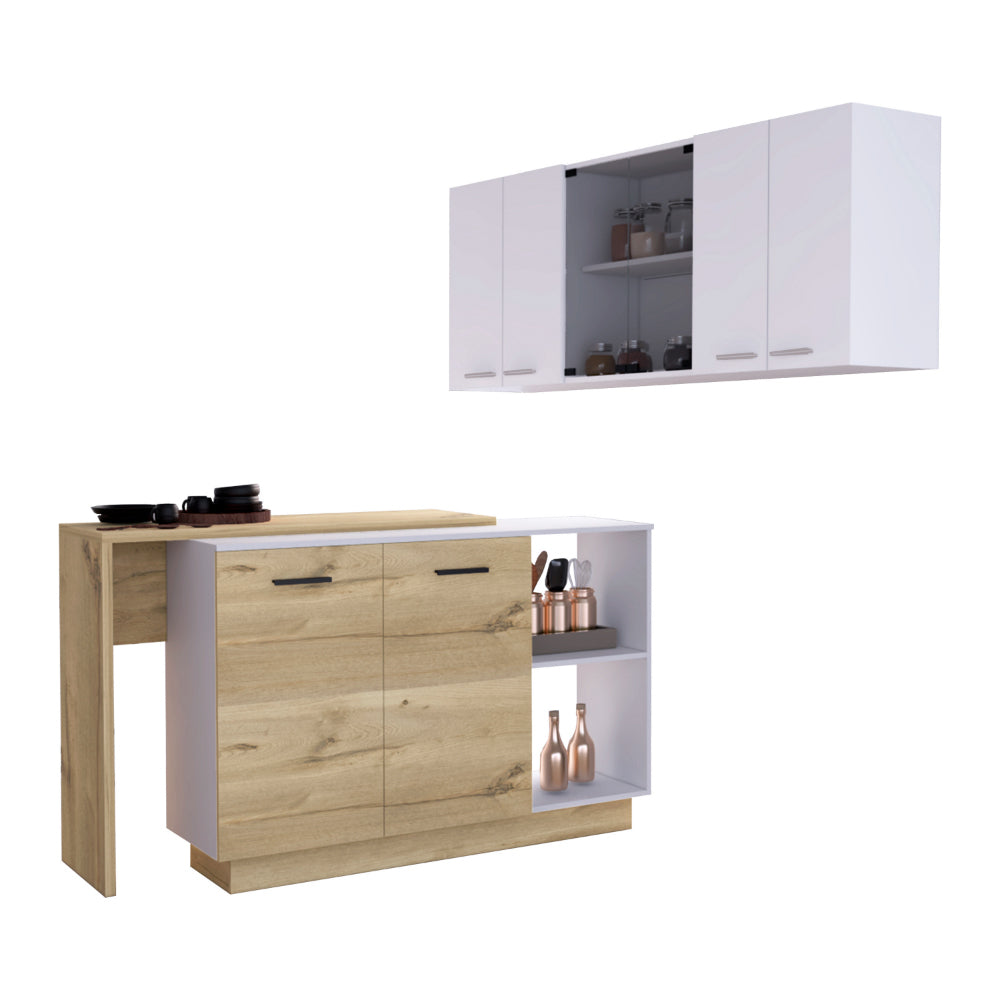 Washington 2-Piece Kitchen Set, Kitchen Island and Wall Cabinet, White and Light Oak