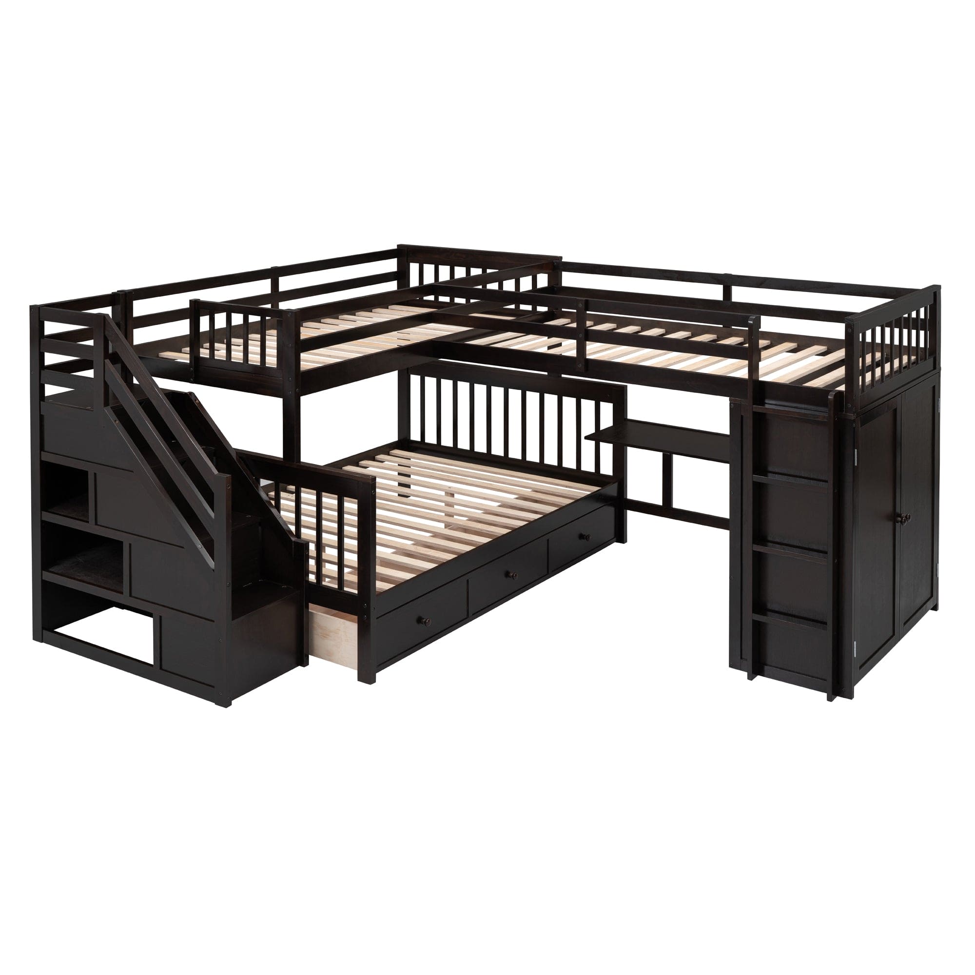 Twin-Twin over Full L-Shaped Bunk Bed With 3 Drawers, Portable Desk and Wardrobe, Espresso