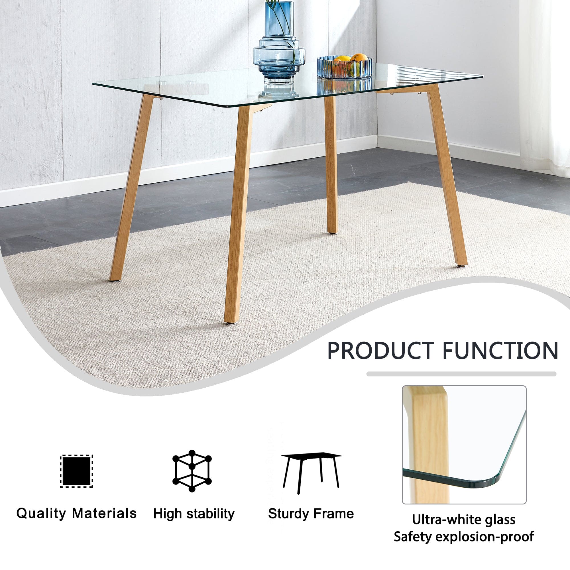 Glass Dining Table Modern Minimalist Rectangular  for 4-6 with 0.31" Tempered Glass Tabletop and Black Coating Metal Legs, Writing Table Desk, for Kitchen Dining Living Room, 51" W x 31"D x 30" H 1123