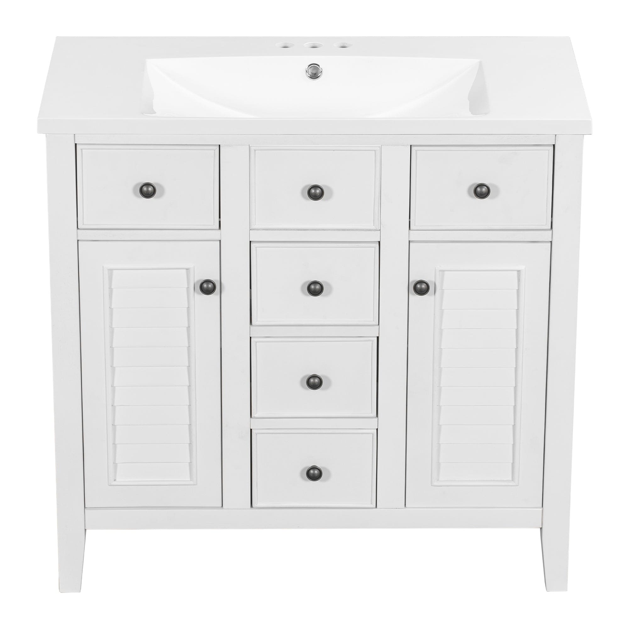 36" Bathroom Vanity with Ceramic Basin, Two Cabinets and Five Drawers, Solid Wood Frame, White (OLD SKU: SY999202AAK)