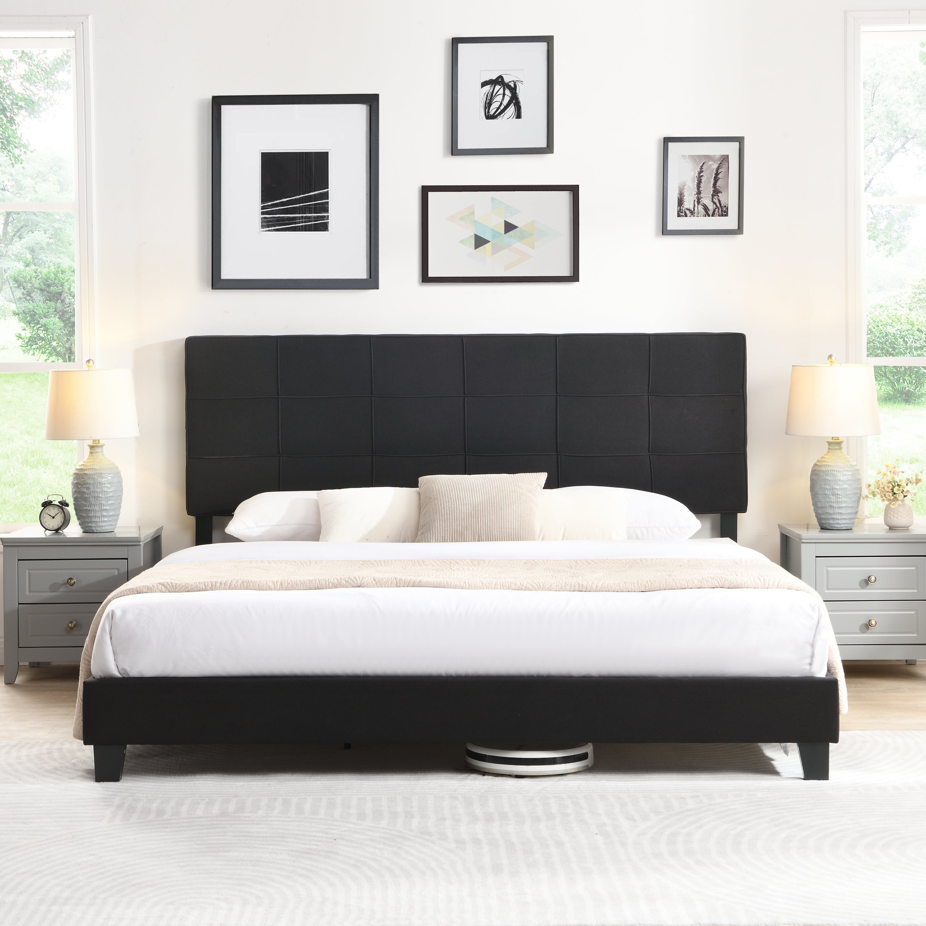 King Size Upholstered Platform Bed Frame with  Linen Fabric Headboard, No Box Spring Needed, Wood Slat Support, Easy Assembly, BLACK