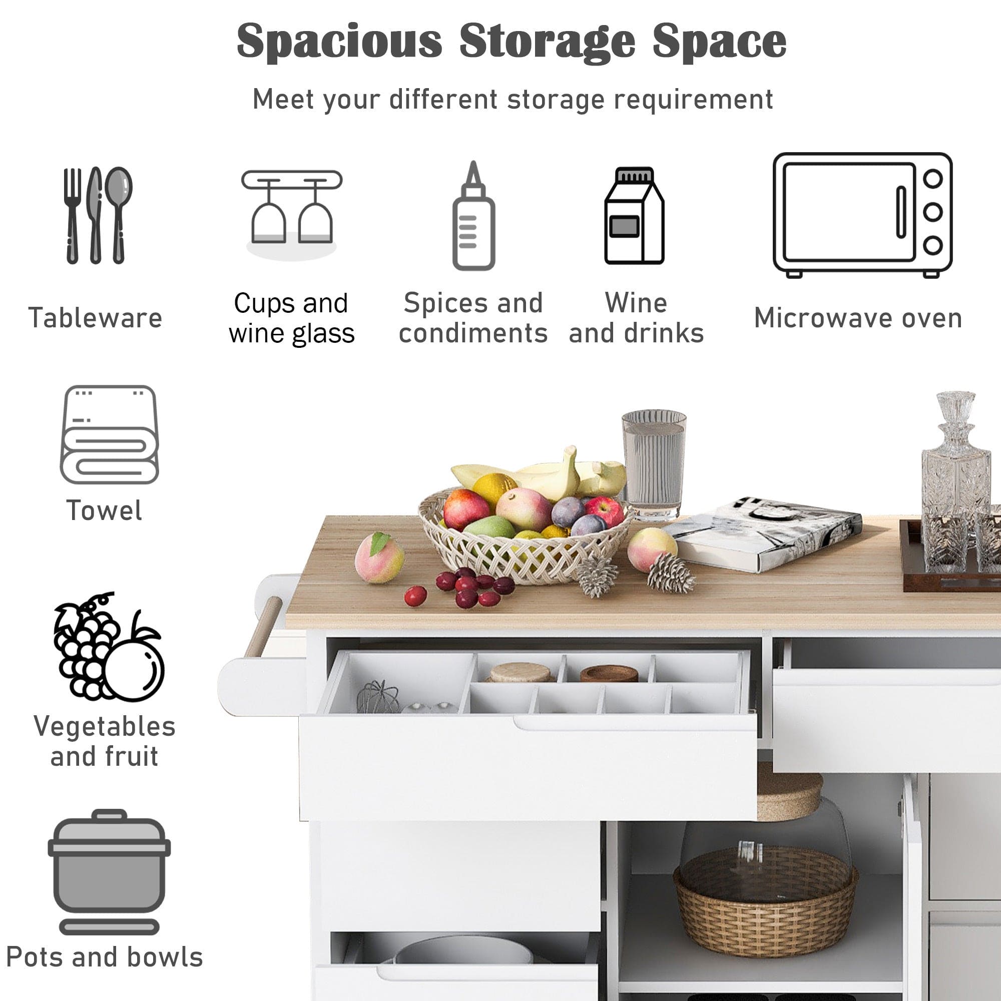 K&K Store Kitchen Cart with Rubber Wood Countertop , Kitchen Island has 8 Handle-Free Drawers Including a Flatware Organizer and 5 Wheels for Kitchen Dinning Room, White