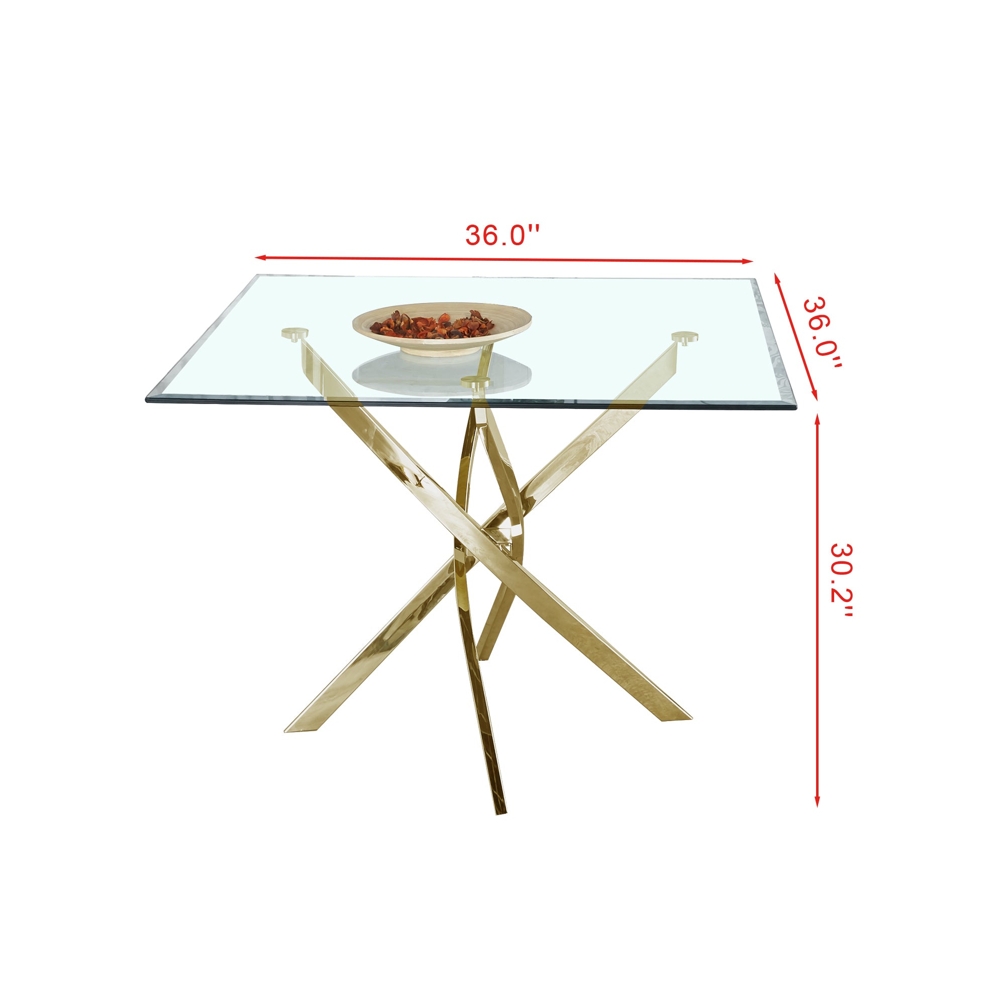 Contemporary Square Clear Dining Tempered Glass Table with Gold Finish Stainless Steel Legs