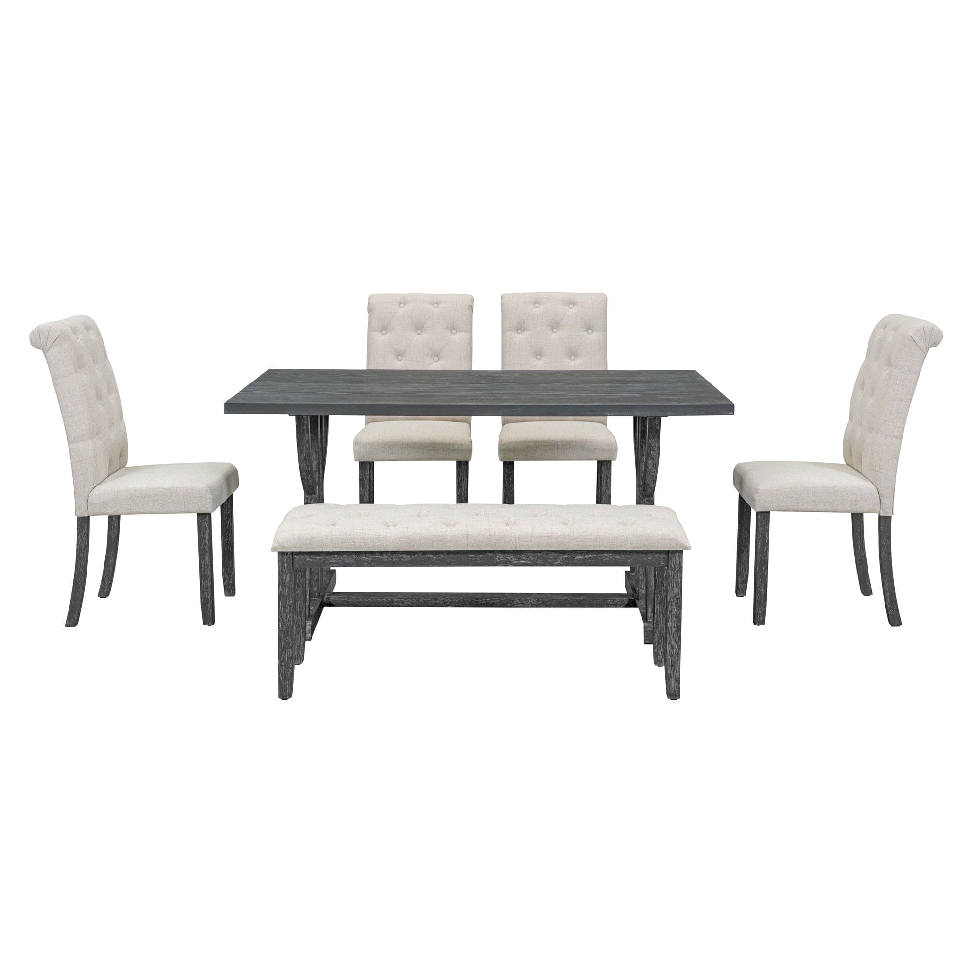 TREXM 6-Piece Retro Rectangular Dining Table Set, Table with Unique Legs and 4 Upholstered Chairs & 1 Bench for Dining Room and Kitchen (Gray Wash)