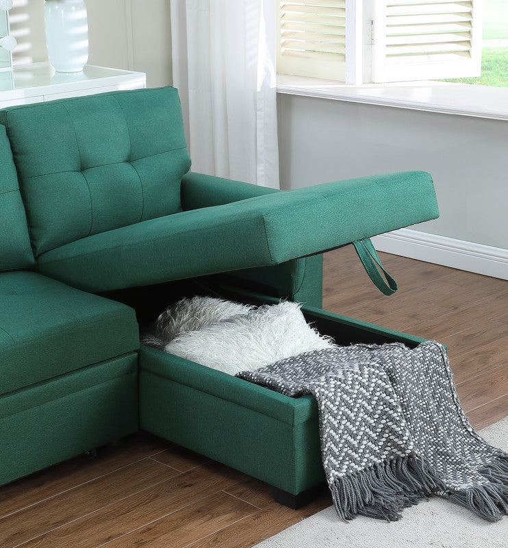 Lucca Green Linen Reversible Sleeper Sectional Sofa with Storage Chaise