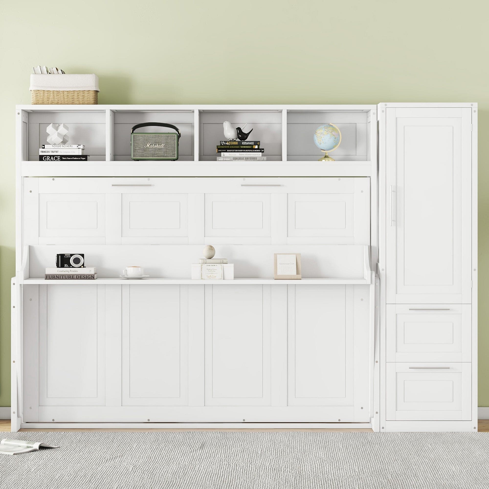 Full Size Murphy Bed Wall Bed with Closet and Drawers,White