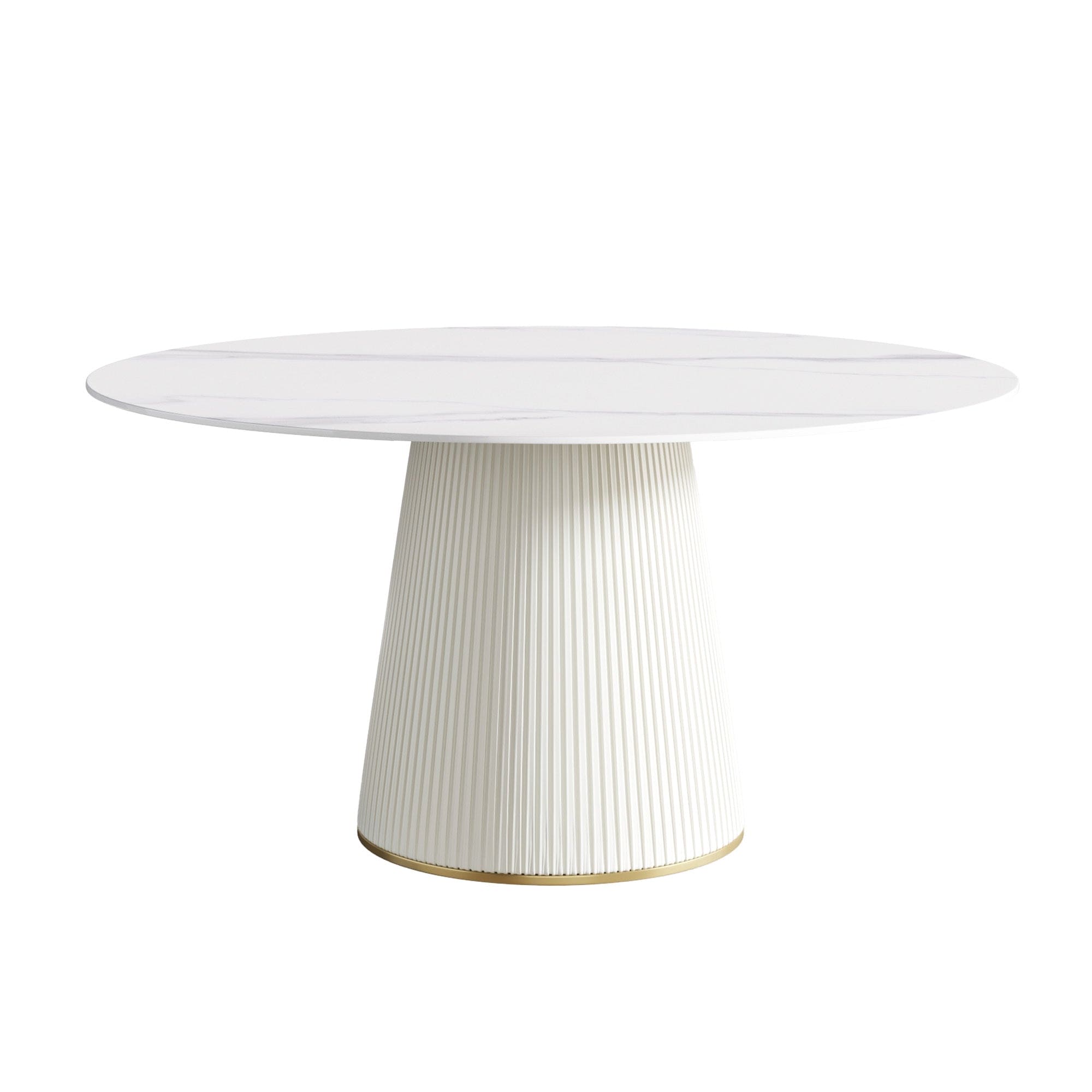 59.05 "Modern white artificial stone round beige plywood PU base dining table-can accommodate 8 people. (Not including chairs. )