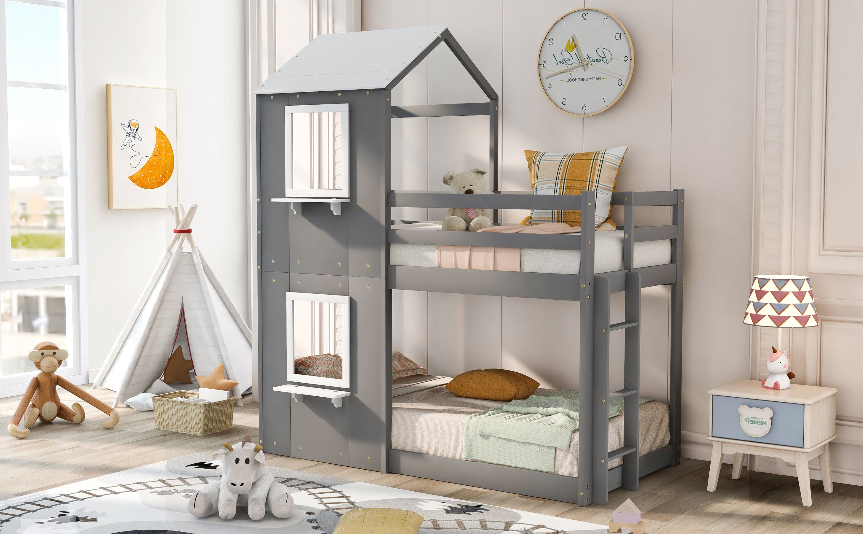 Twin Over Twin Bunk Bed Wood Bed with Roof, Window, Guardrail, Ladder (White)