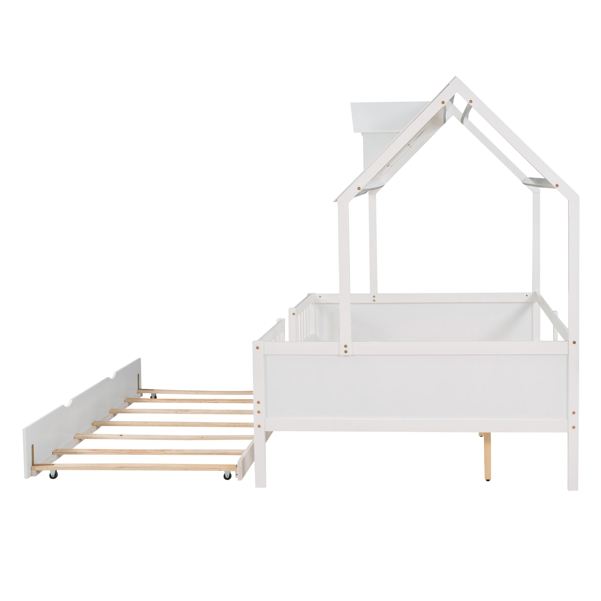 Full Size House Bed Wood Bed with  Twin Size Trundle ( White )