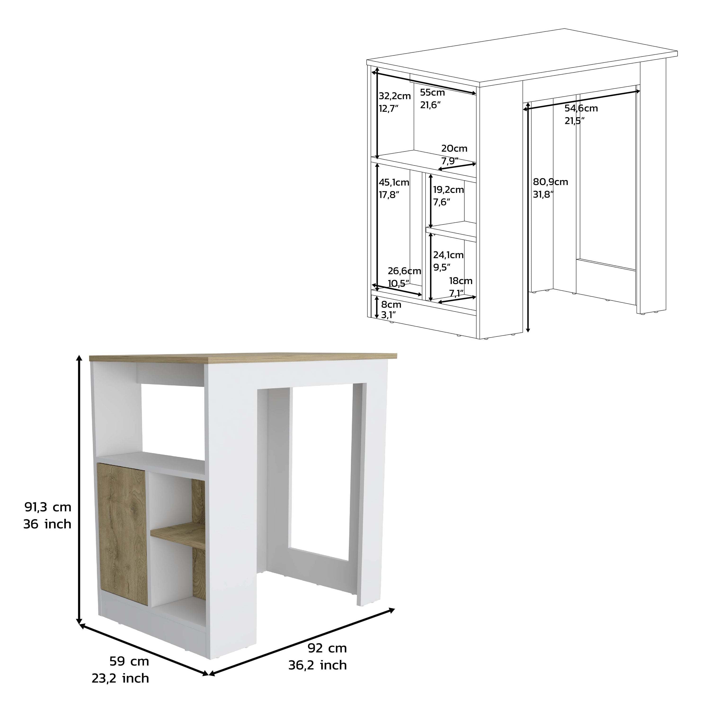 DEPOT E-SHOP Masset Kitchen Island with Side Shelve and Push to open Cabinet , White / Macadamia