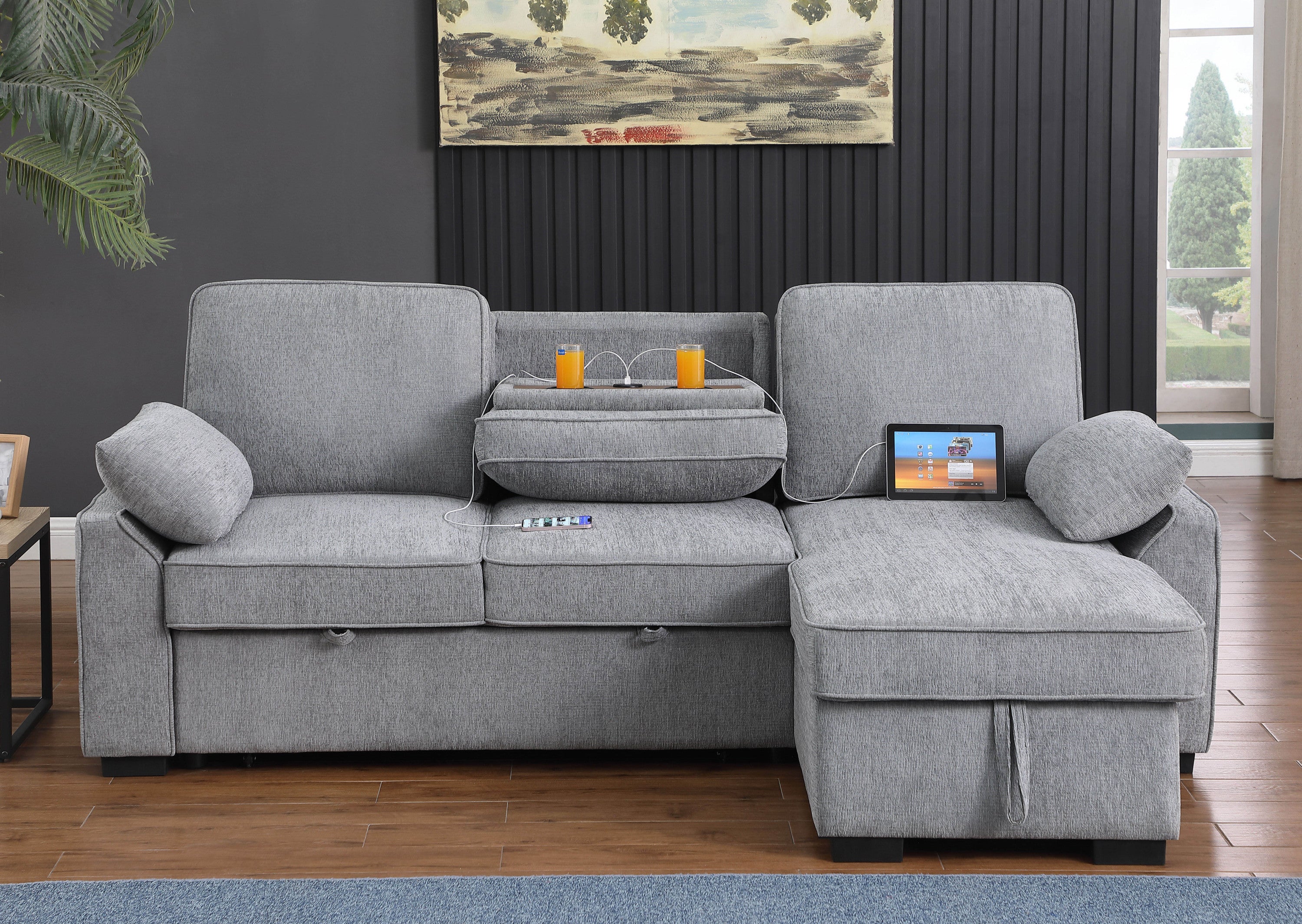 Mackenzie Light  Gray Chenille Fabric Reversible Sleeper Sectional with Storage Chaise, Drop-Down Table, Cup Holders and Charging Ports