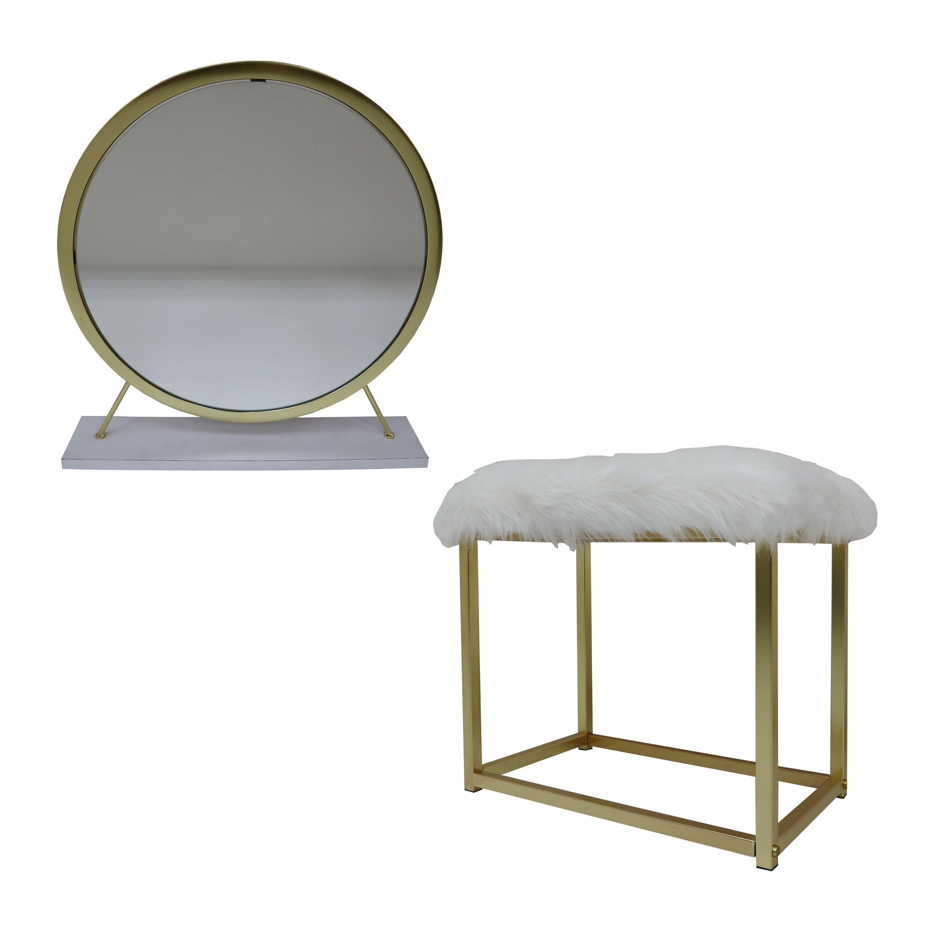 ACME Adao Vanity Mirror & Stool in Faux Fur, Mirror, White & Brass Finish AC00932