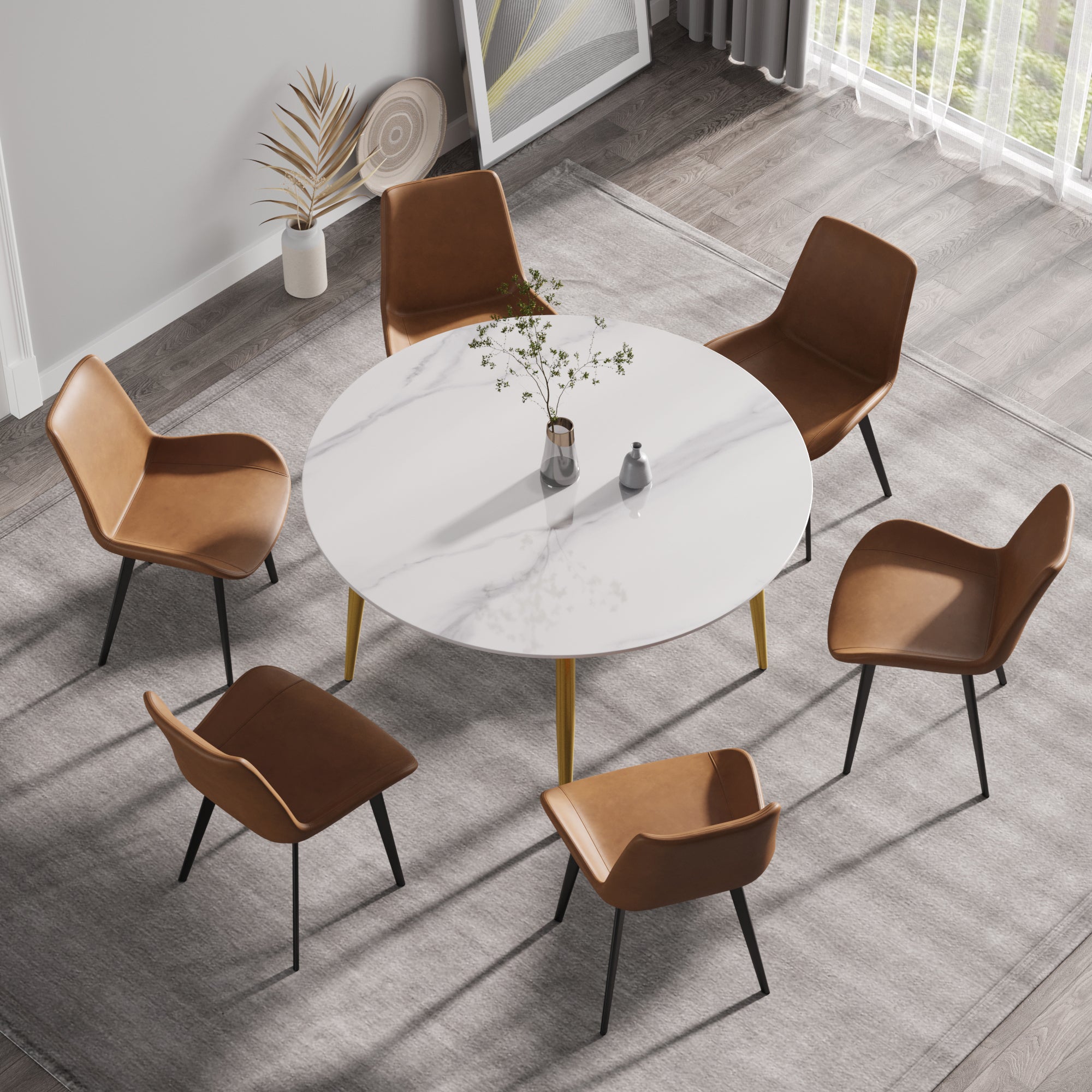 53.15"Modern man-made stone round golden metal dining table-position for 6 people