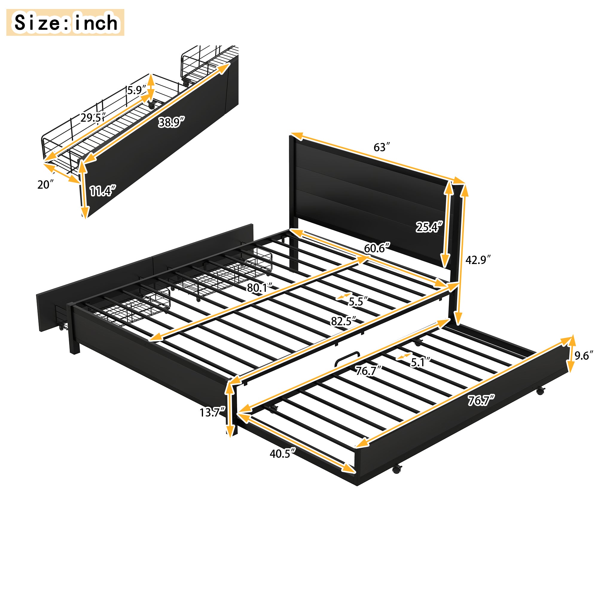 Metal Queen Size Storage Platform Bed with Twin Size Trundle and 2 Drawers, Black