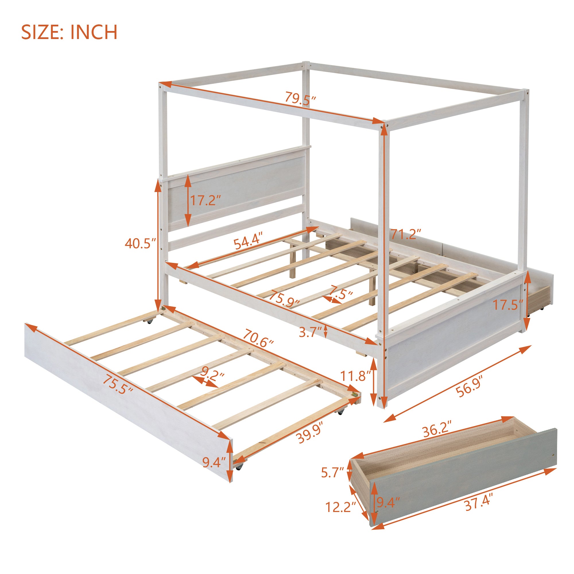 Wood Canopy Bed with Trundle Bed and two Drawers ,Full Size Canopy Platform bed With Support Slats .No Box Spring Needed, Brushed White