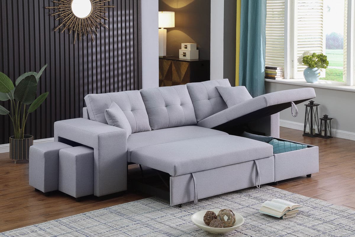 Dennis Light Gray Linen Fabric Reversible Sleeper Sectional with Storage Chaise and 2 Stools