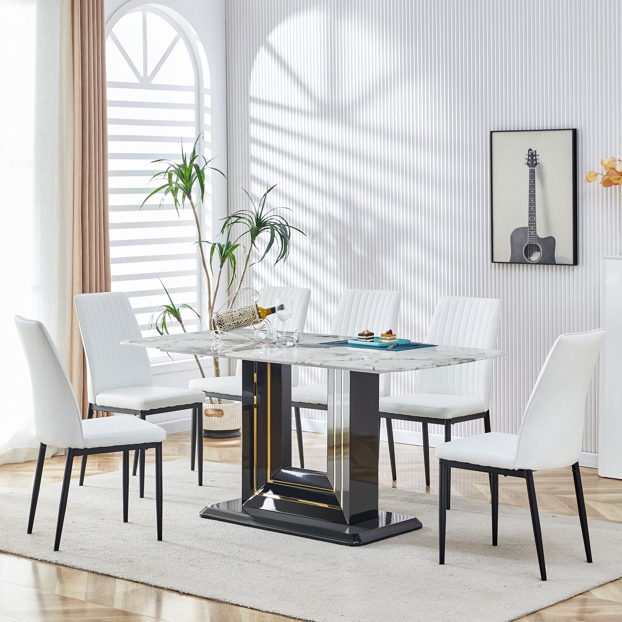 Faux Marble Dining Table Set, Glass Rectangular Kitchen Table for 6-8, Modern White Faux Marble Dining Room Table with MDF Base, Dining Table & 6 Chairs