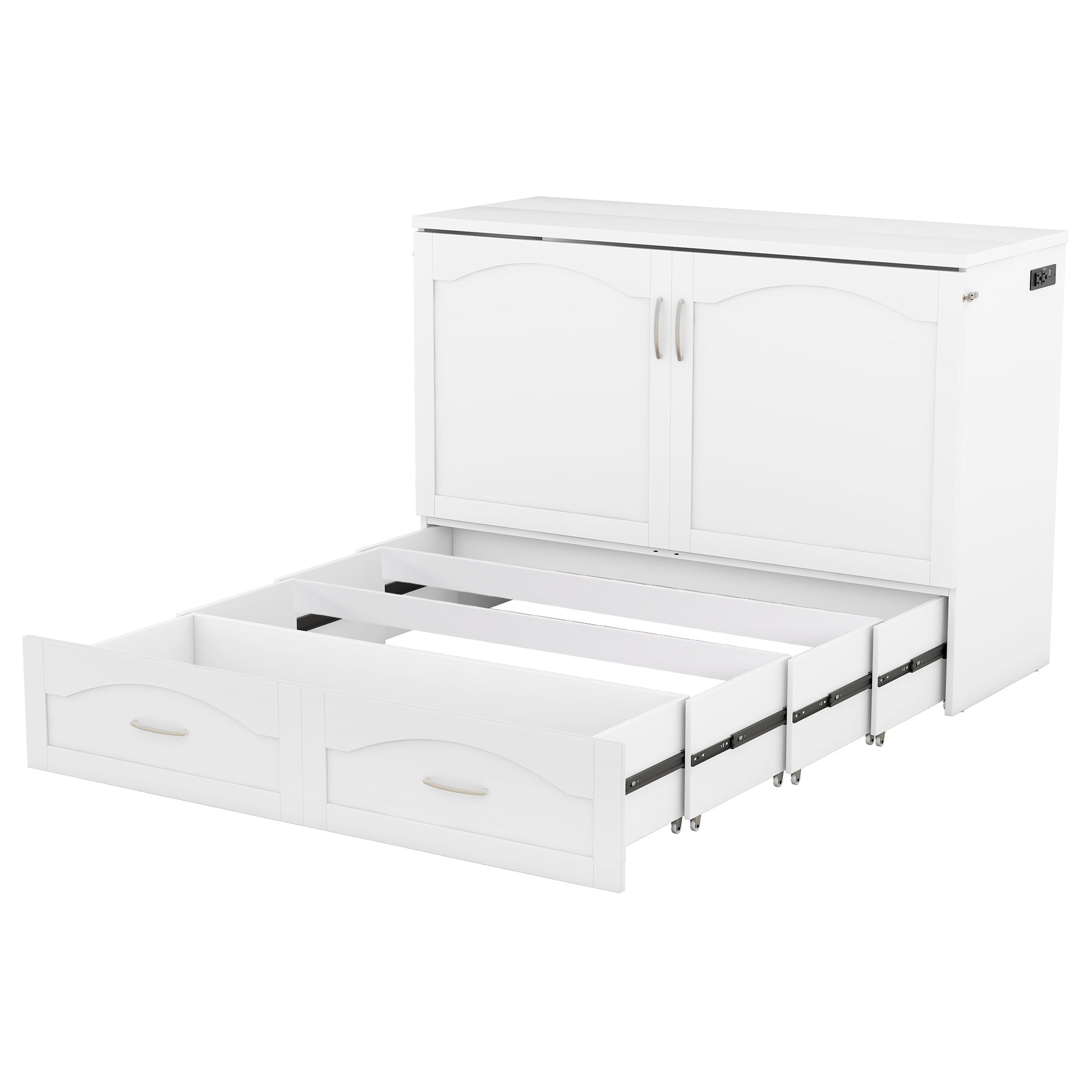 Full Size Murphy Bed Wall Bed with drawer and a set of Sockets & USB Ports, Pulley Structure Design, White