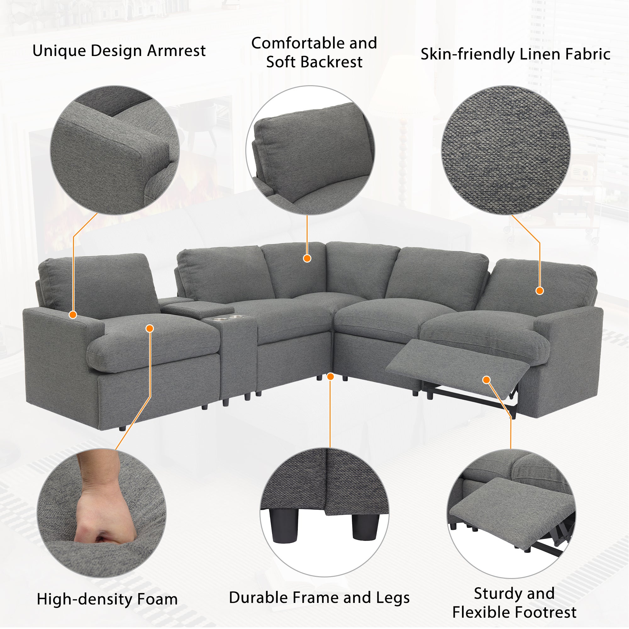 104'' Power Recliner Corner Sofa Home Theater Reclining Sofa Sectional Couches with Storage Box, Cup Holders, USB Ports and Power Socket for Living Room, Dark Grey