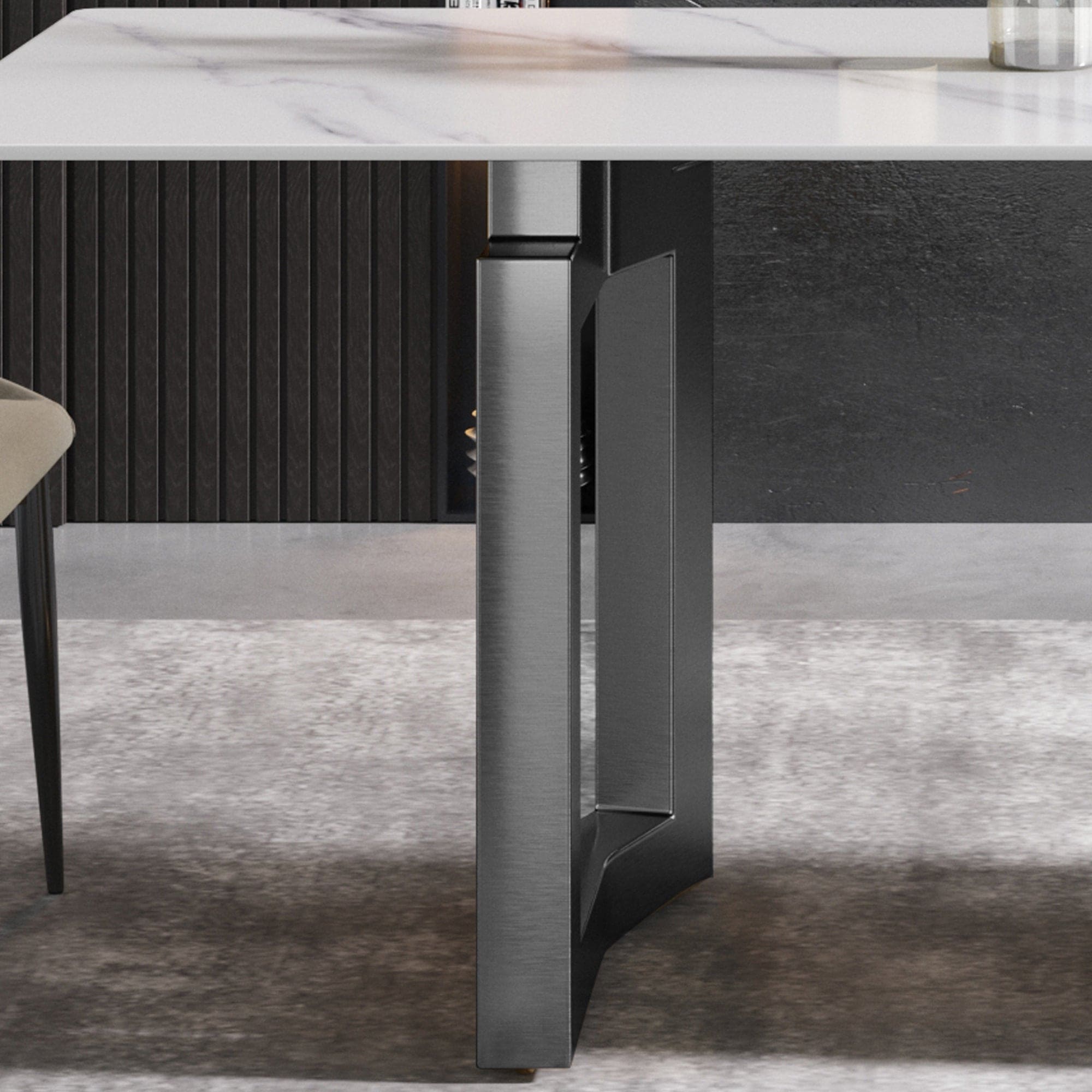 63"Modern artificial stone white straight edge black metal leg dining table -6 people