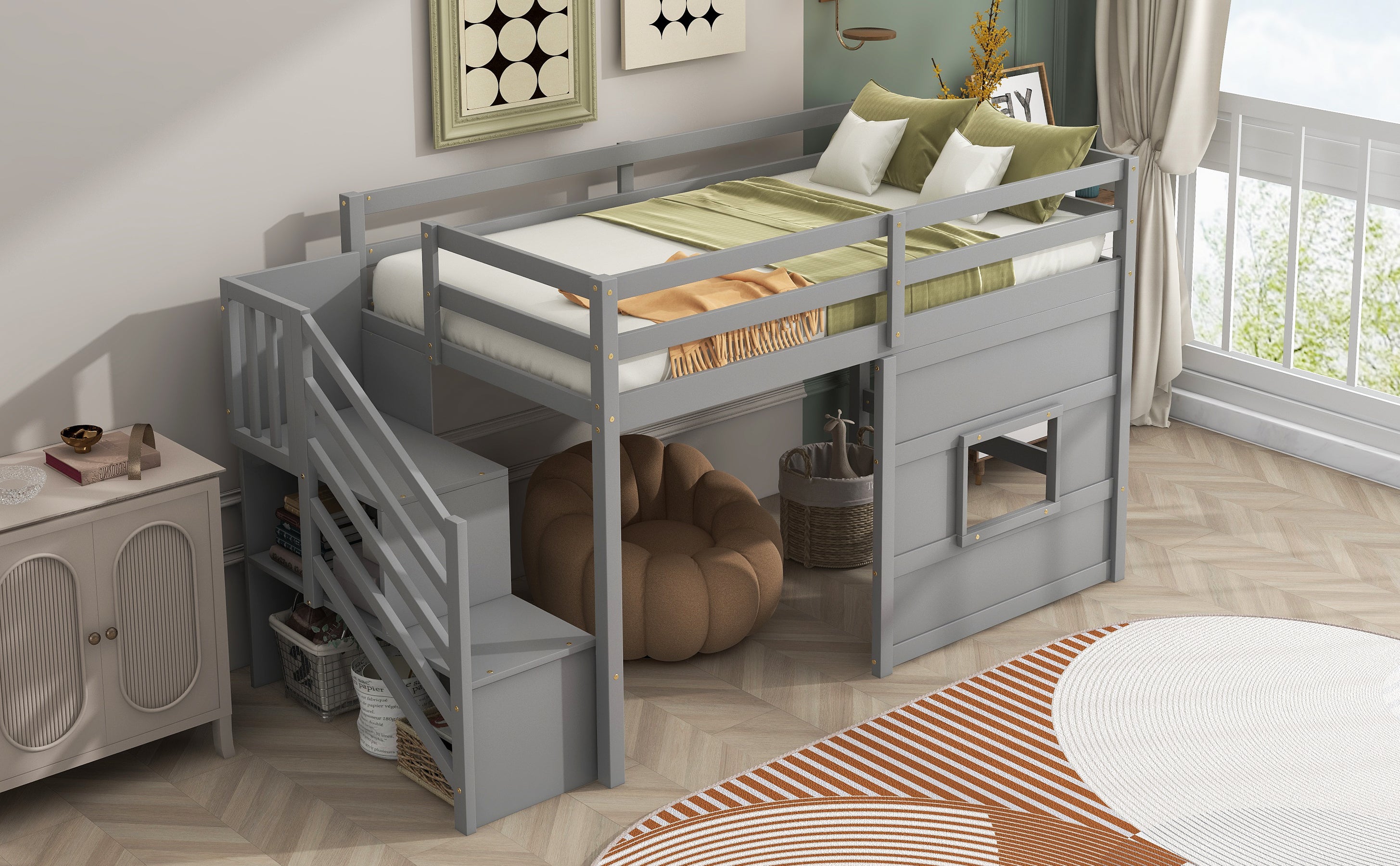 Twin Size Loft Bed with Storage Staircase and Window, Gray