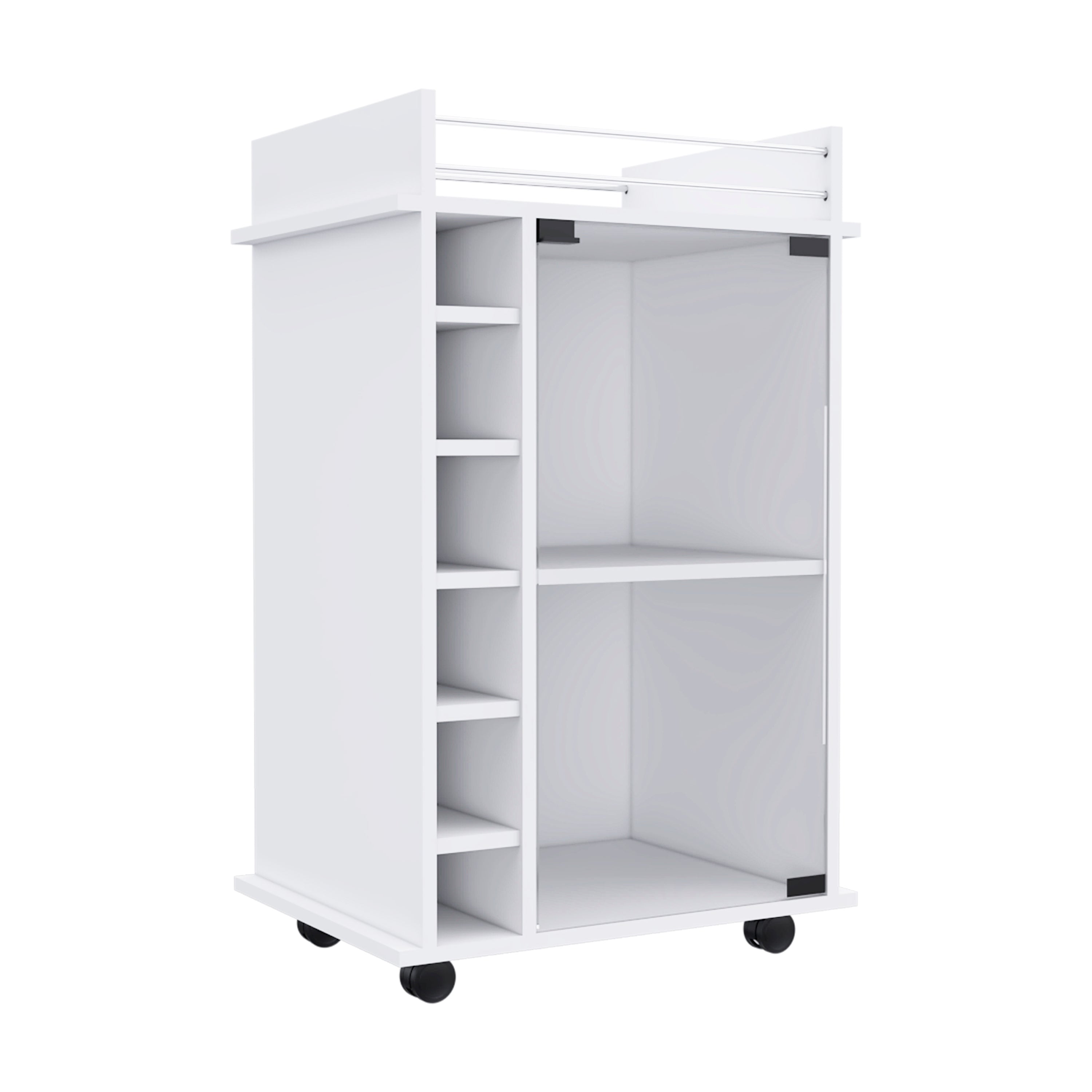 Bar Cart Baltimore, Six Wine Cubbies, Glass Door, Four Caster, Two Shelves, White Finish