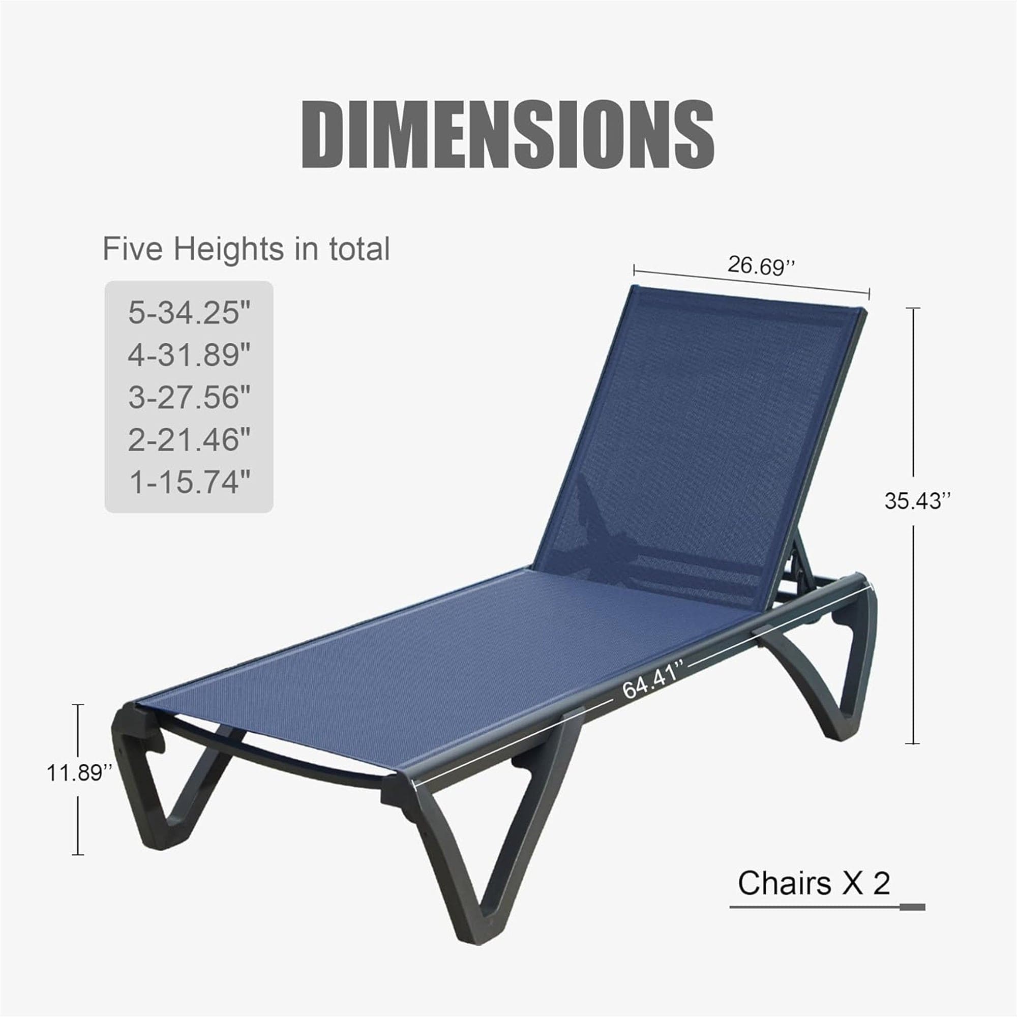 Outdoor Lounge Chair, 2 Pieces Aluminum Plastic Patio Chaise Lounge with 5 Position Adjustable Backrest and Wheels, All Weather Reclining Chair for Patio, Navy Blue