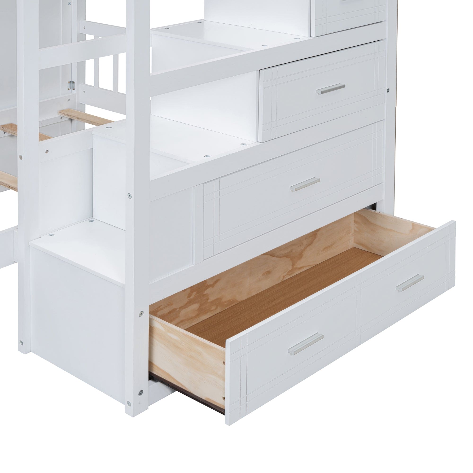 Full Over Twin Bunk Bed with Wardrobe, Drawers, White