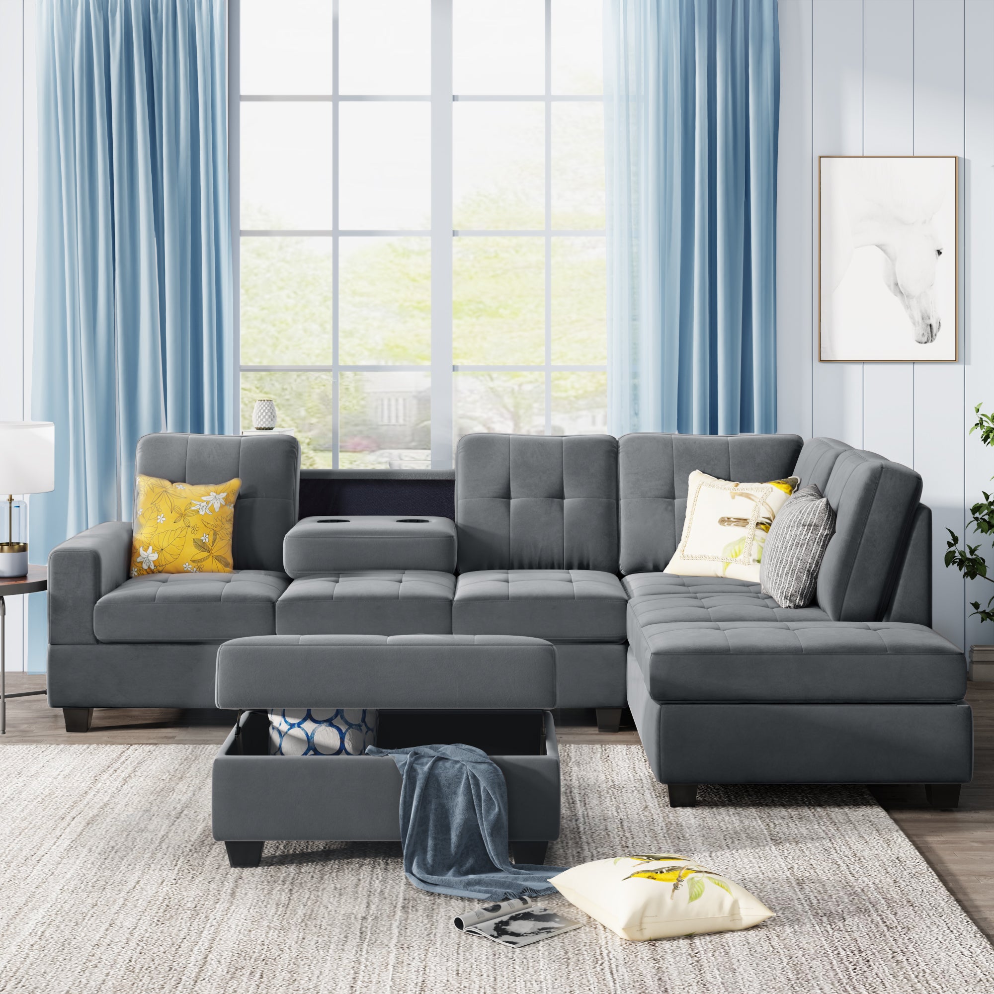 Orisfur. Sectional Sofa with Reversible Chaise Lounge, L-Shaped Couch with Storage Ottoman and Cup Holders