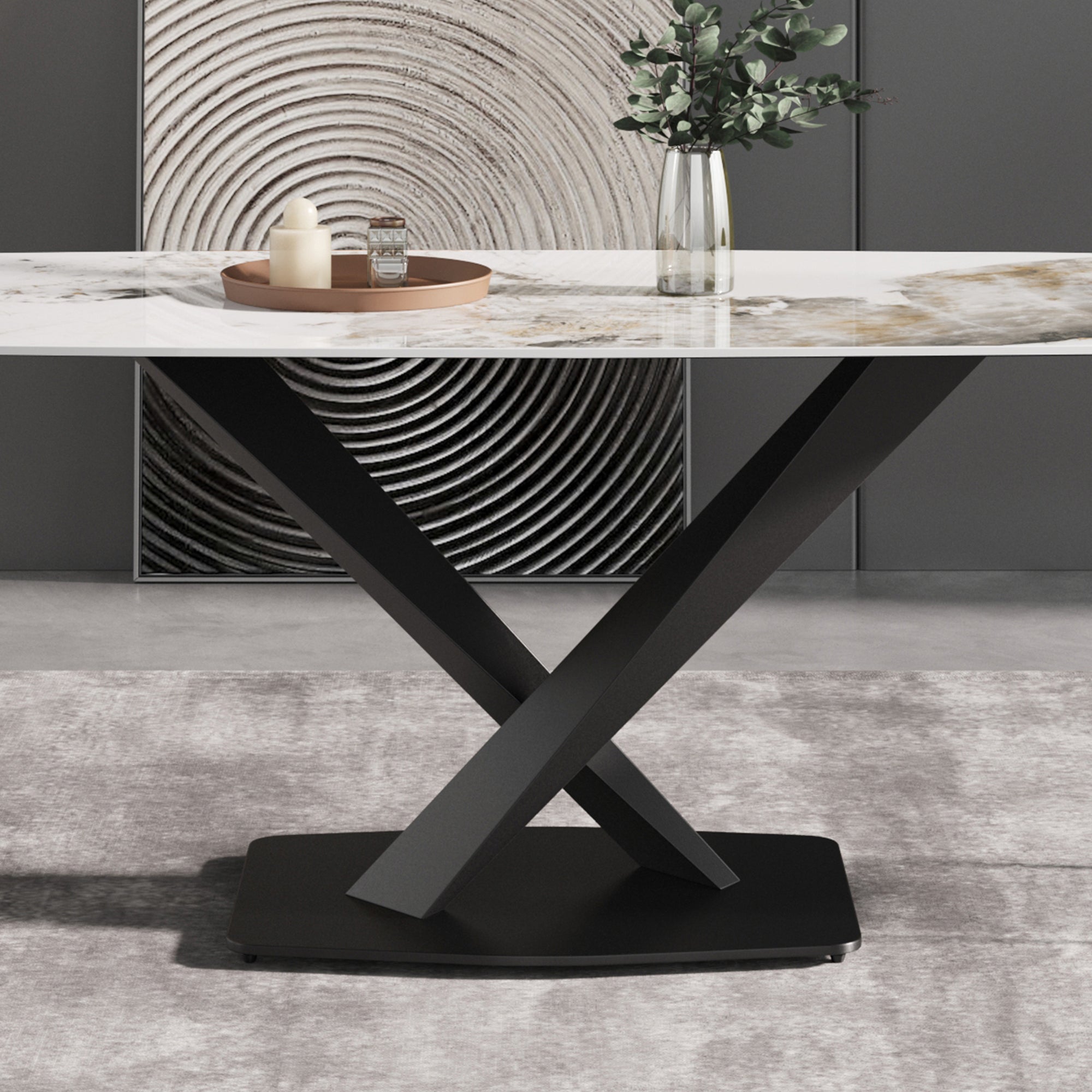 70.87"Modern artificial stone Pandora white curved black metal leg dining table-can accommodate 6-8 people