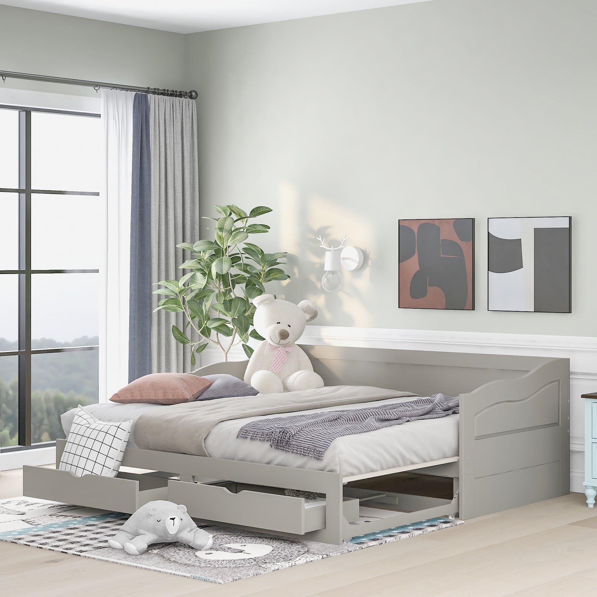 Wooden Daybed with Trundle Bed and Two Storage Drawers , Extendable Bed Daybed,Sofa Bed with Two Drawers, Gray